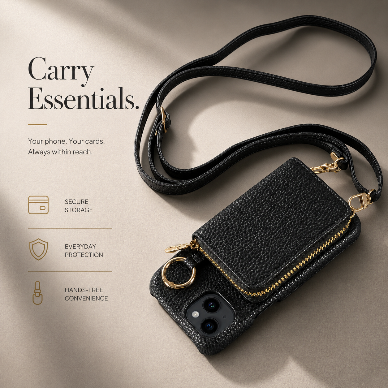 Premium iPhone Case Faux Leather Wallet Cover Card Holder Crossbody Strap Ring Holder Shockproof Protective Full Coverage Slim Design