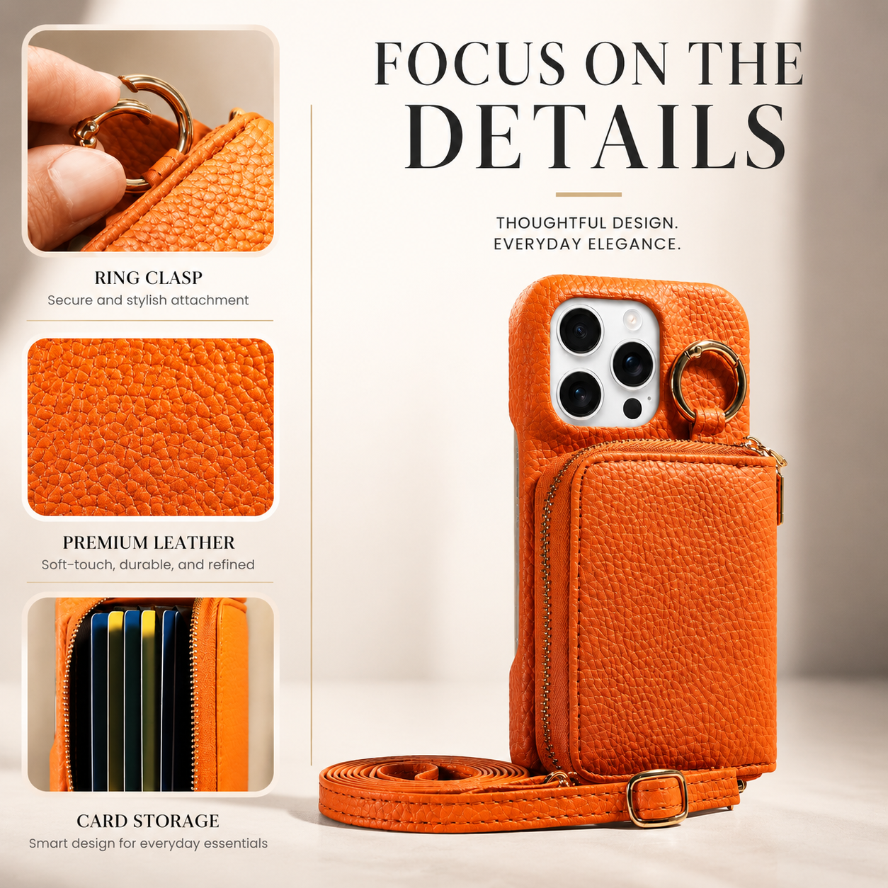 Premium iPhone Case Faux Leather Wallet Cover Card Holder Crossbody Strap Ring Holder Shockproof Protective Full Coverage Slim Design