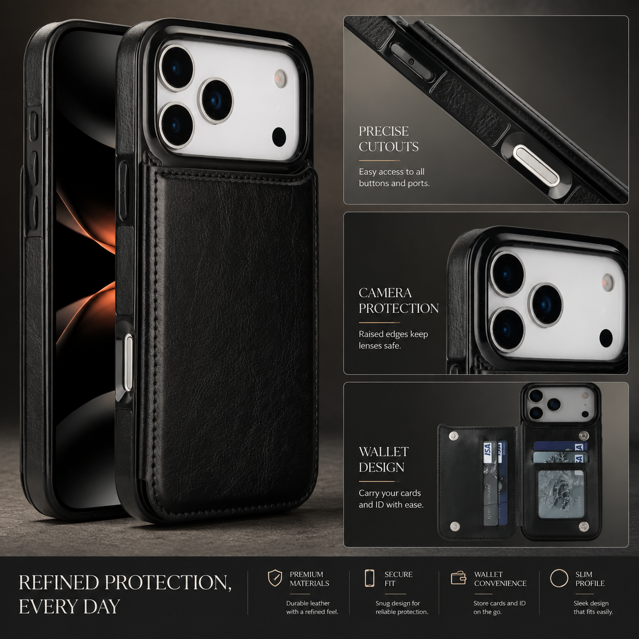 Premium iPhone Case Faux Leather Wallet Flip Cover Card Holder Double Magnetic Clasp Shockproof Kickstand Protective Case Slim Full Coverage