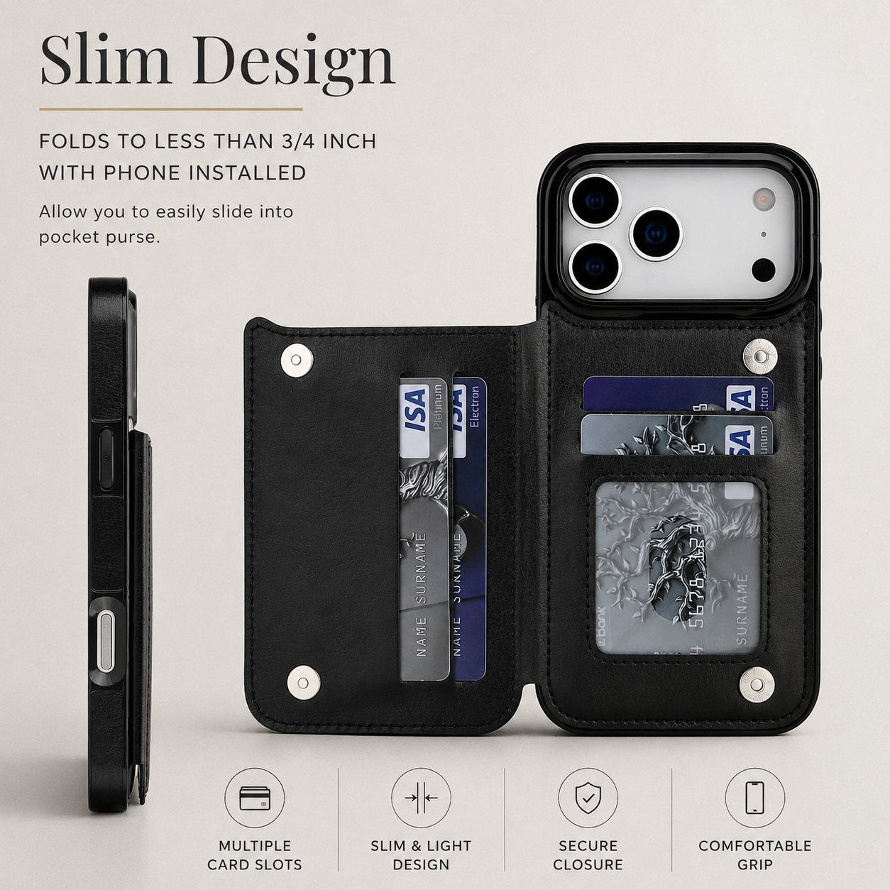 Premium iPhone Case Faux Leather Wallet Flip Cover Card Holder Double Magnetic Clasp Shockproof Kickstand Protective Case Slim Full Coverage