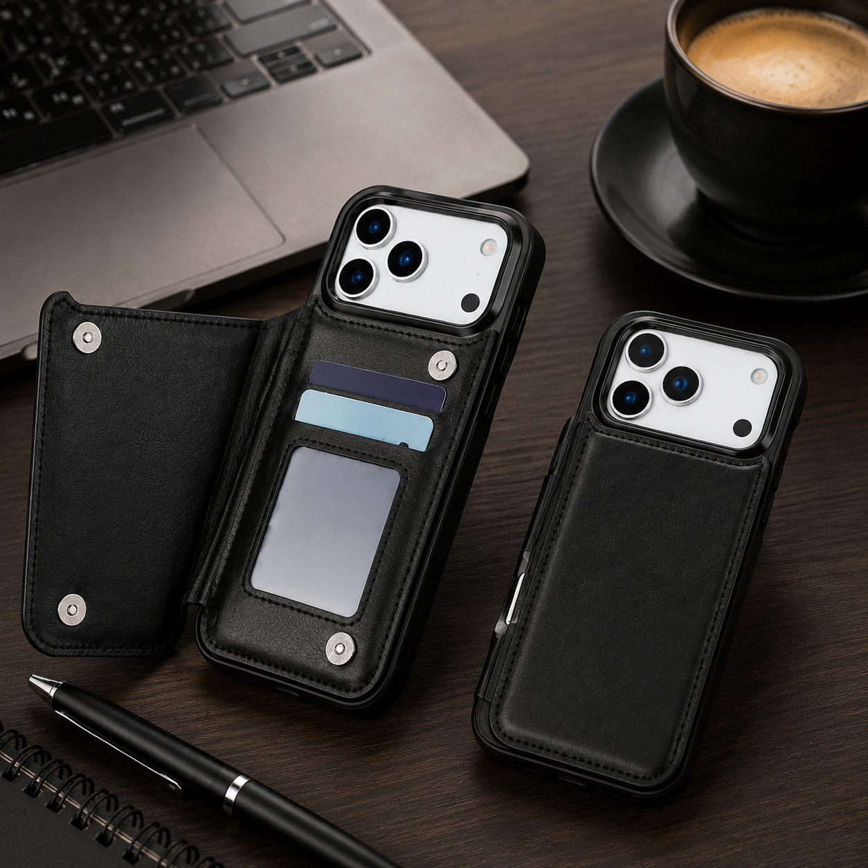 Premium iPhone Case Faux Leather Wallet Flip Cover Card Holder Double Magnetic Clasp Shockproof Kickstand Protective Case Slim Full Coverage
