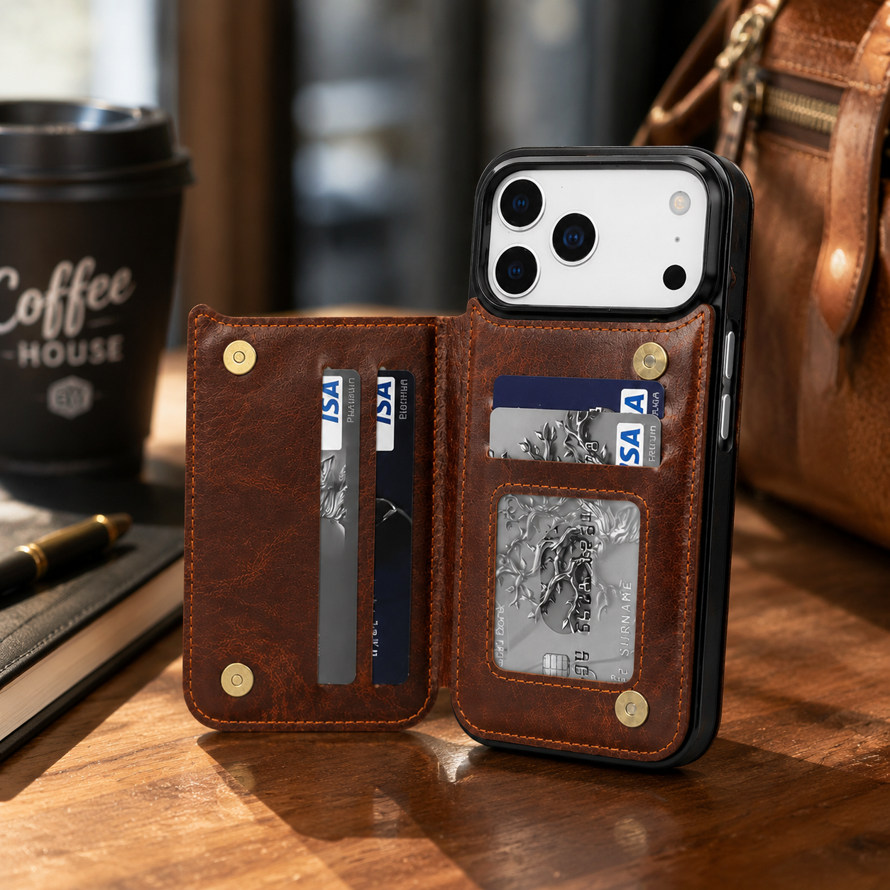 Premium iPhone Case Faux Leather Wallet Flip Cover Card Holder Double Magnetic Clasp Shockproof Kickstand Protective Case Slim Full Coverage