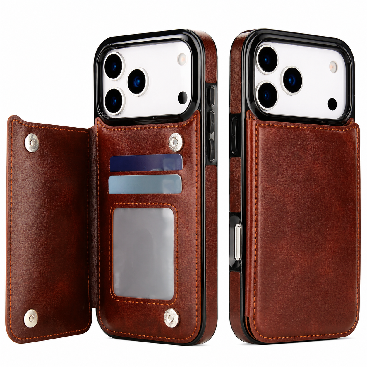 Premium iPhone Case Faux Leather Wallet Flip Cover Card Holder Double Magnetic Clasp Shockproof Kickstand Protective Case Slim Full Coverage