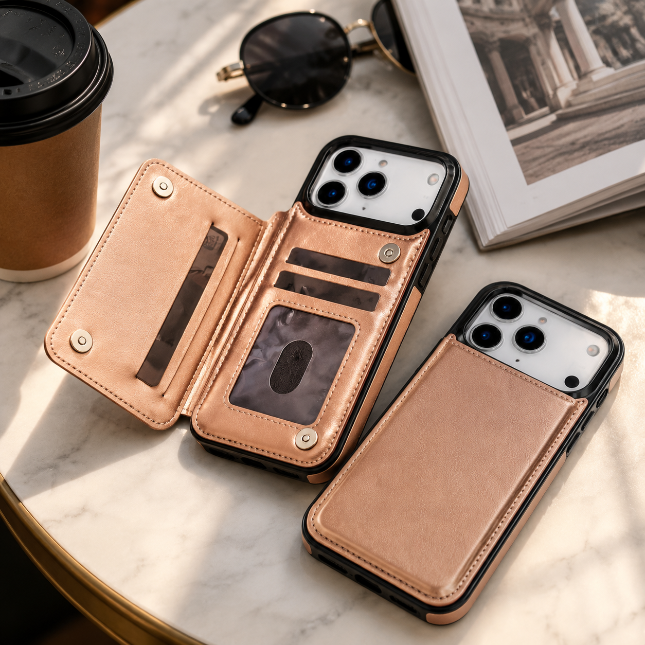 Premium iPhone Case Faux Leather Wallet Flip Cover Card Holder Double Magnetic Clasp Shockproof Kickstand Protective Case Slim Full Coverage