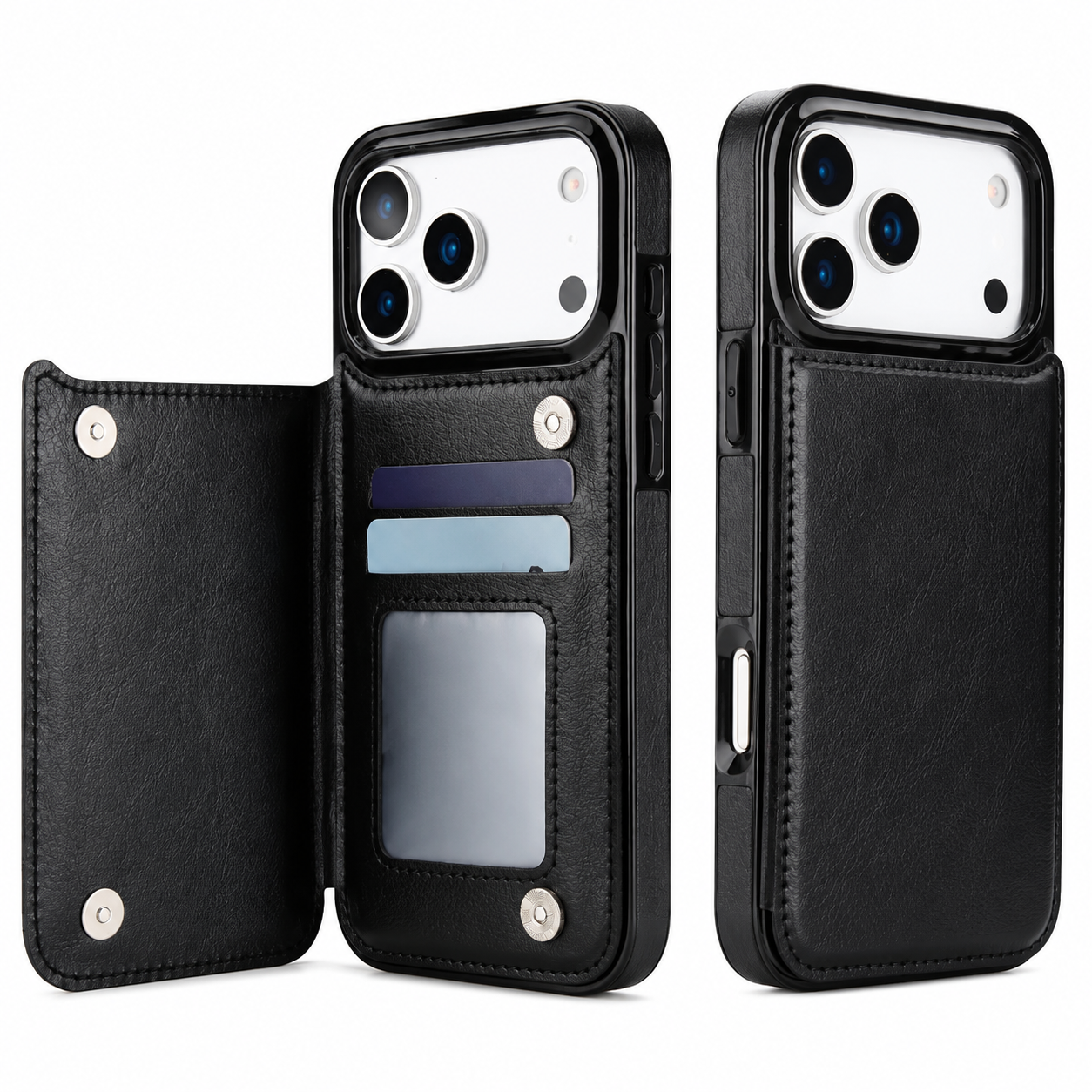 Premium iPhone Case Faux Leather Wallet Flip Cover Card Holder Double Magnetic Clasp Shockproof Kickstand Protective Case Slim Full Coverage