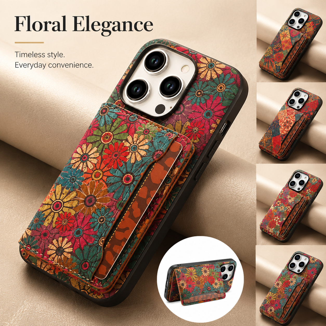 Premium iPhone Case Flower Pattern Leather Wallet Cover Magnetic Closure Card Holder Stand Function Shockproof Protective Flip Case Full Coverage Design