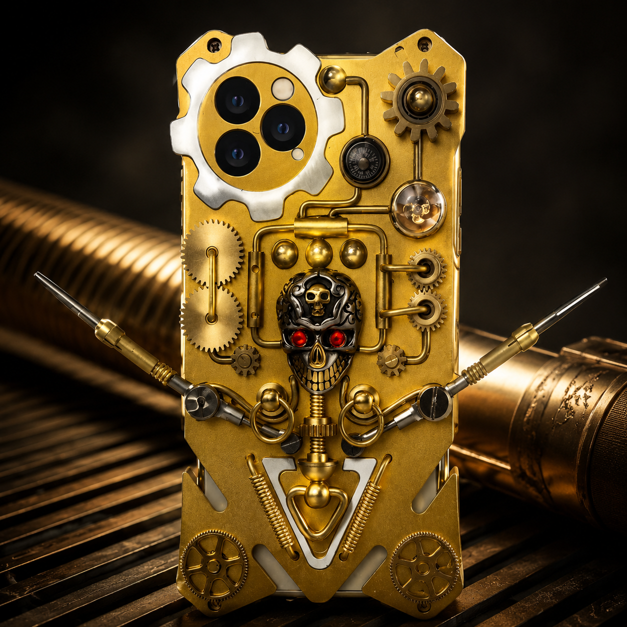Premium iPhone Case Gear Compass Skull Cover MagSafe Compatible Shockproof Protective Case 3D Metal Style Design Camera Lens Screen Protection Full Coverage
