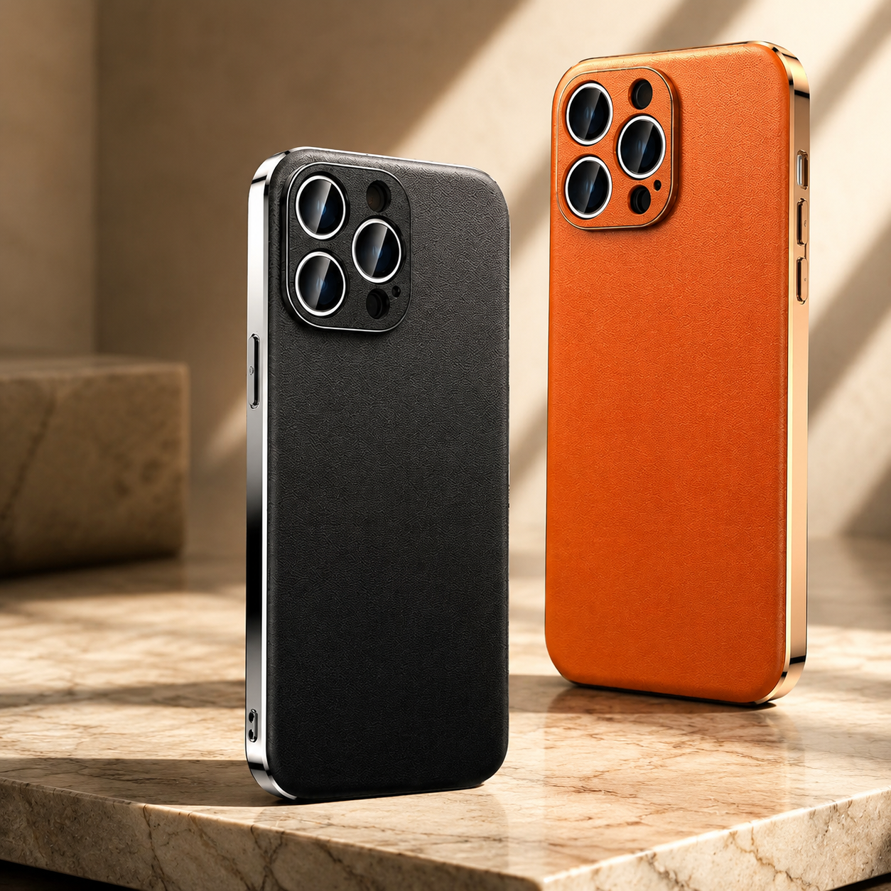 Premium iPhone Case Genuine Cowhide Leather Plated Frame Shockproof Protective Cover Full Lens Protection Camera Guard Slim Luxury Design