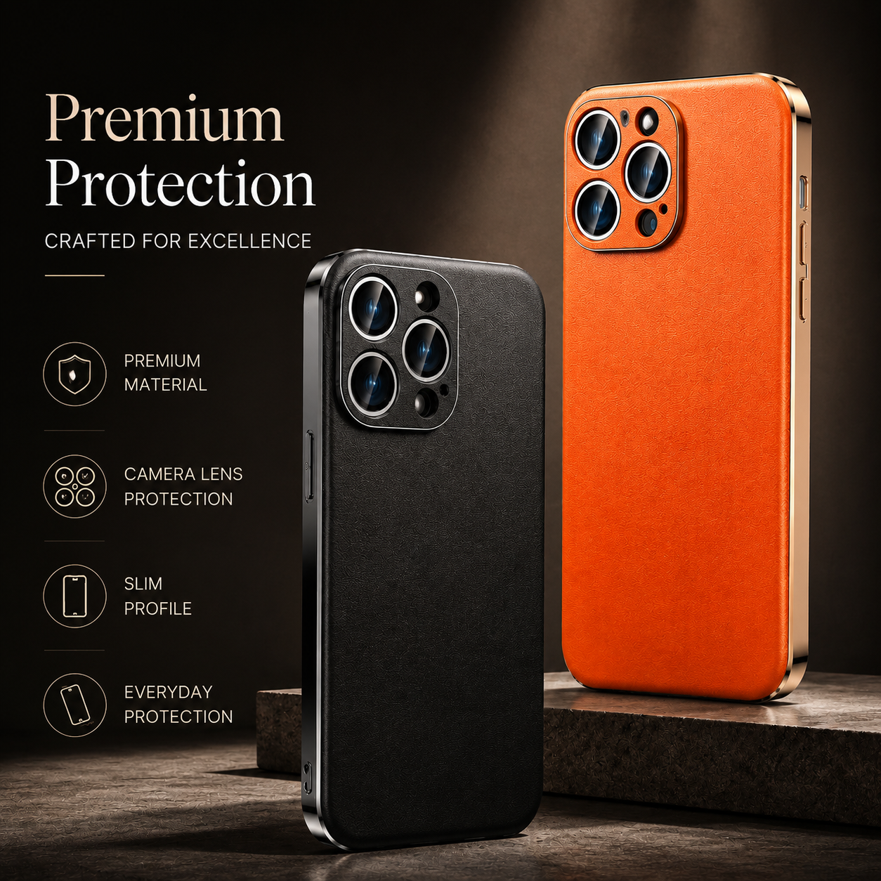 Premium iPhone Case Genuine Cowhide Leather Protective Cover Plated Metal Frame Full Camera Lens Protection Shockproof Slim Durable Wireless Charging Design