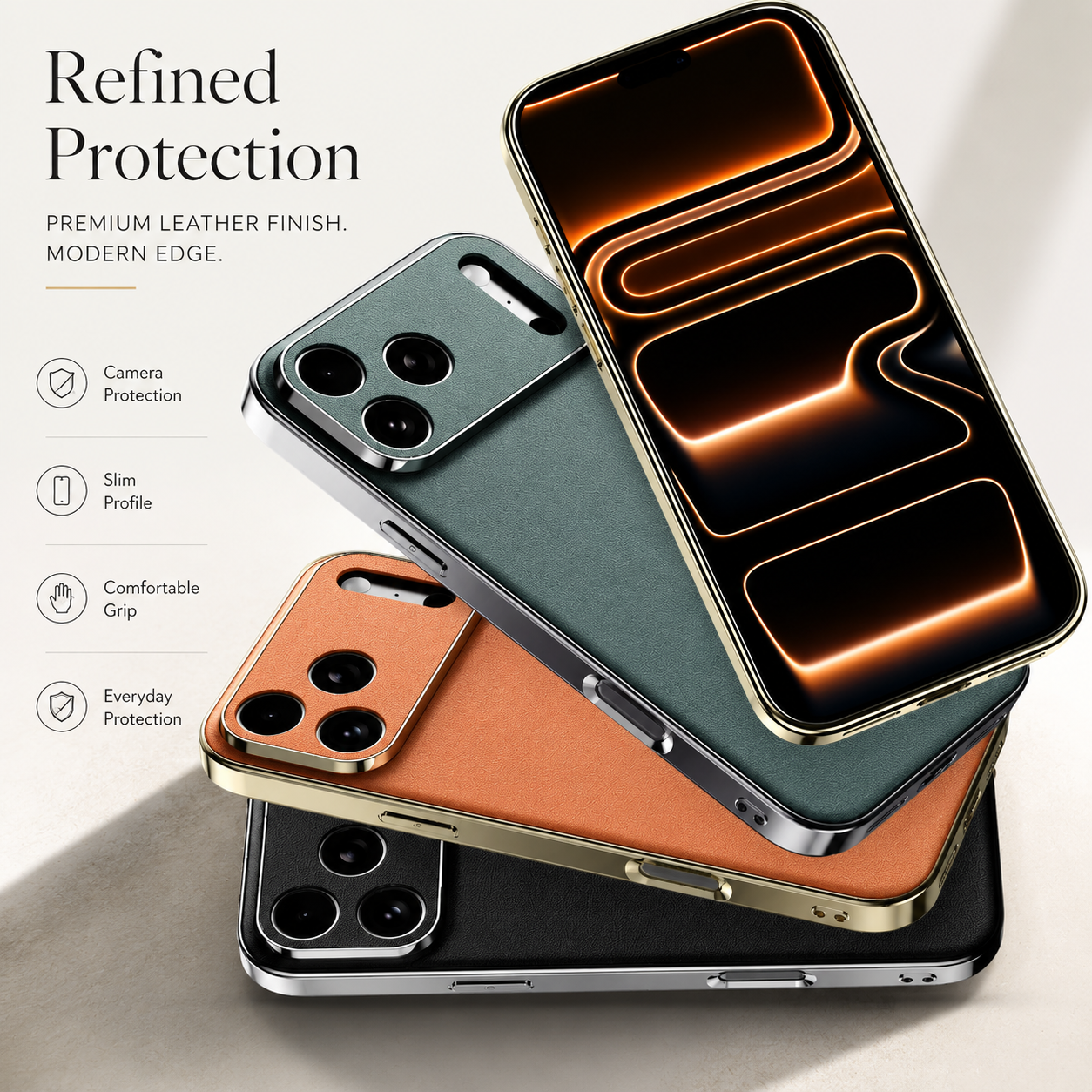 Premium iPhone Case Genuine Leather Cowhide Protective Cover Shockproof Anti Slip Matte Finish Full Camera Lens Guard Slim Design