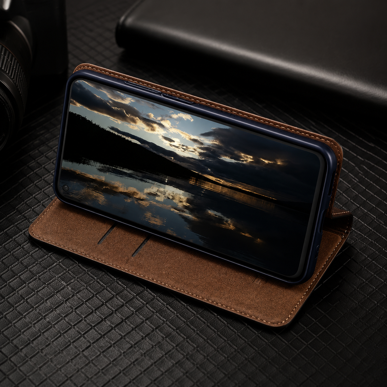 Premium iPhone Case Genuine Leather Flip Cover Card Holder Kickstand Magnetic Closure Shockproof Full Body Protective Design Slim Business Style