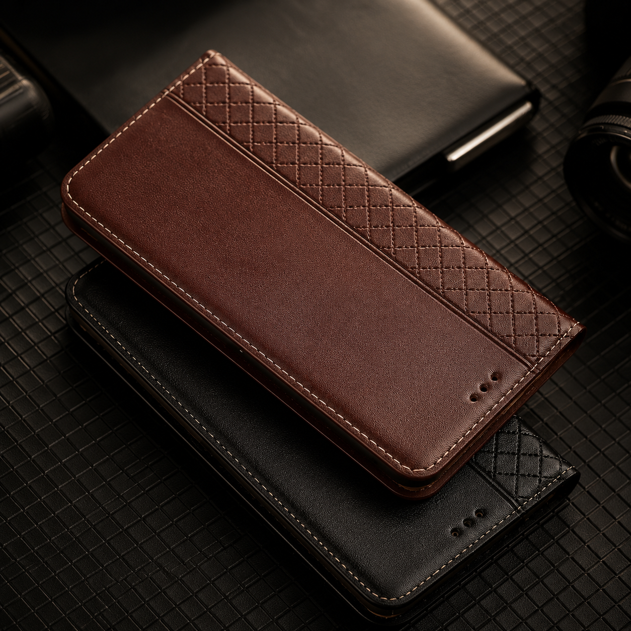 Premium iPhone Case Genuine Leather Flip Cover Card Holder Kickstand Magnetic Closure Shockproof Full Body Protective Design Slim Business Style