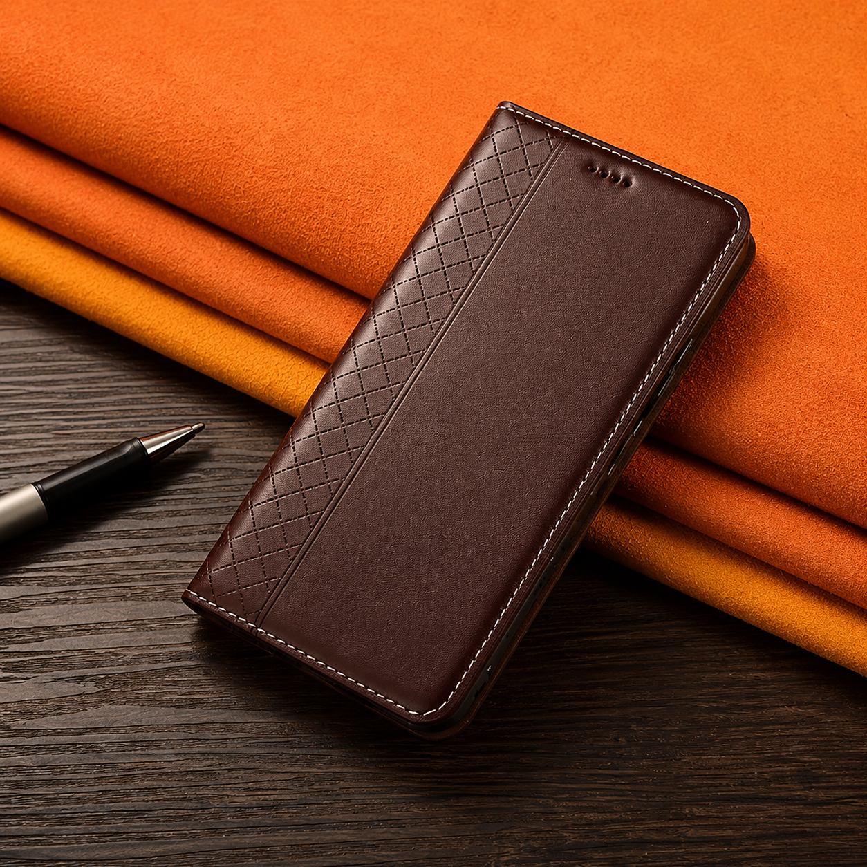 Premium iPhone Case Genuine Leather Flip Cover Card Holder Kickstand Magnetic Closure Shockproof Full Body Protective Design Slim Business Style