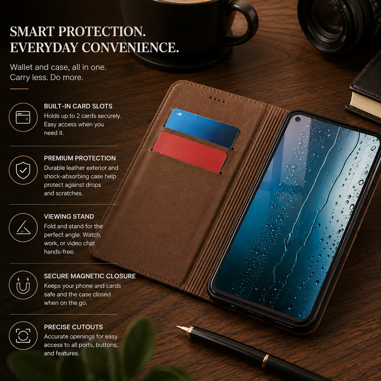 Premium iPhone Case Genuine Leather Flip Cover Card Holder Kickstand Magnetic Closure Shockproof Full Body Protective Design Slim Business Style