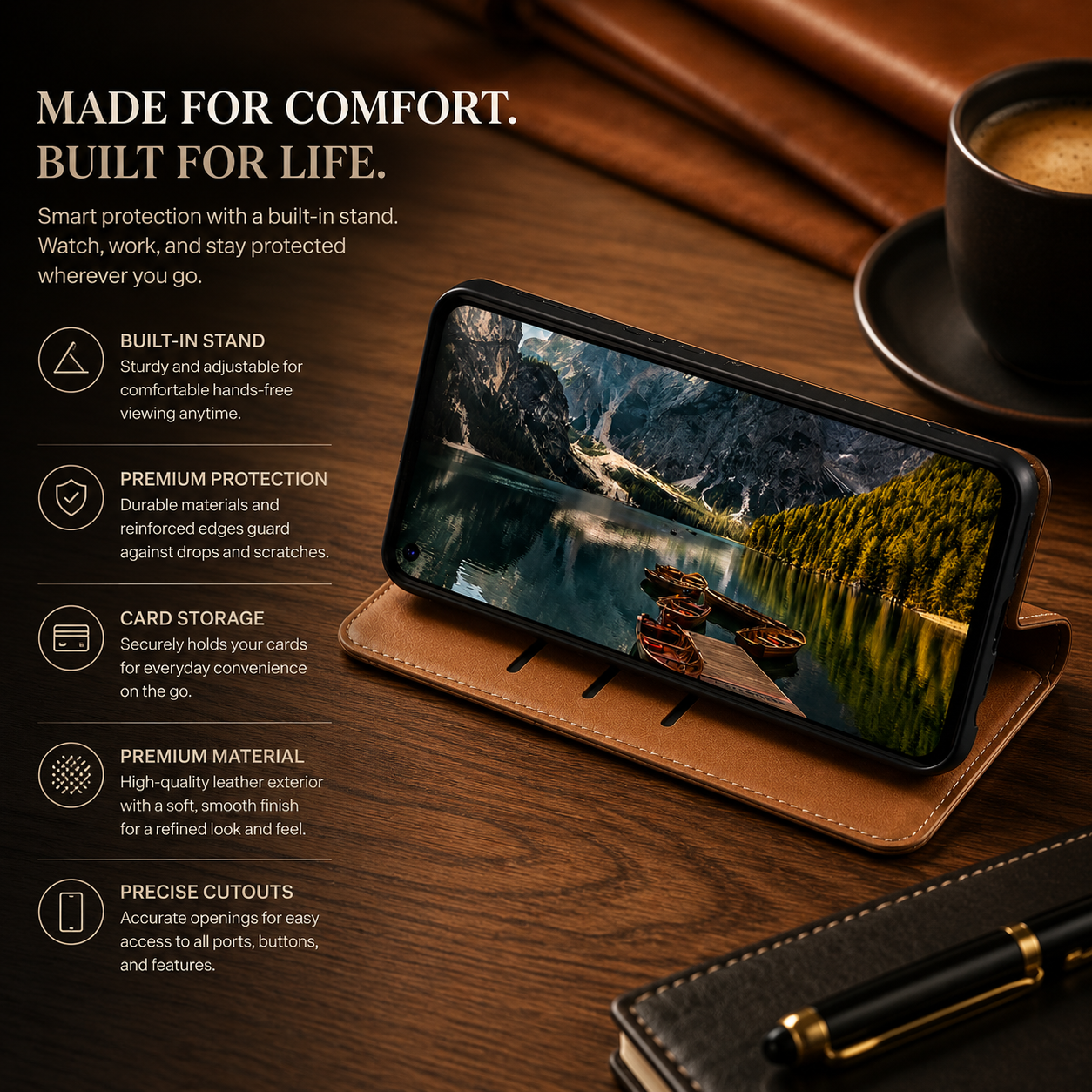 Premium iPhone Case Genuine Leather Flip Cover Card Holder Kickstand Magnetic Closure Shockproof Full Body Protective Design Slim Business Style