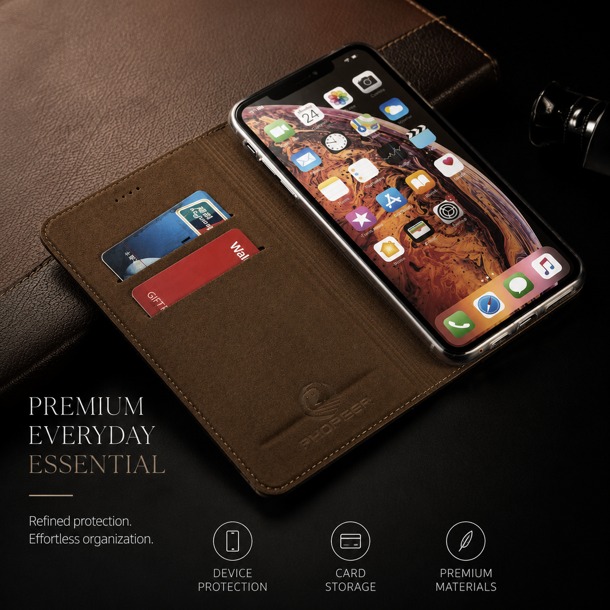 Premium iPhone Case Genuine Leather Flip Wallet Cover Card Holder Stand Magnetic Closure Shockproof Protective Case Full Coverage Slim Design