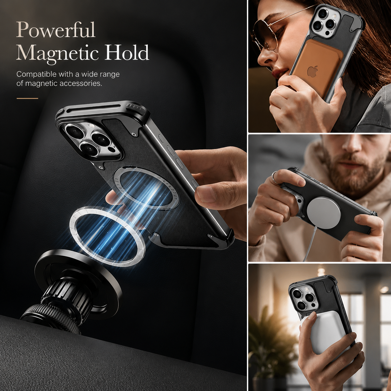 Premium iPhone Case Genuine Leather MagSafe Compatible Protective Cover Rotating Magnetic Stand Ring Shockproof Anti Drop Full Coverage