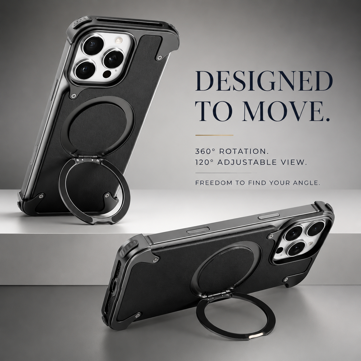 Premium iPhone Case Genuine Leather MagSafe Compatible Protective Cover Rotating Magnetic Stand Ring Shockproof Anti Drop Full Coverage