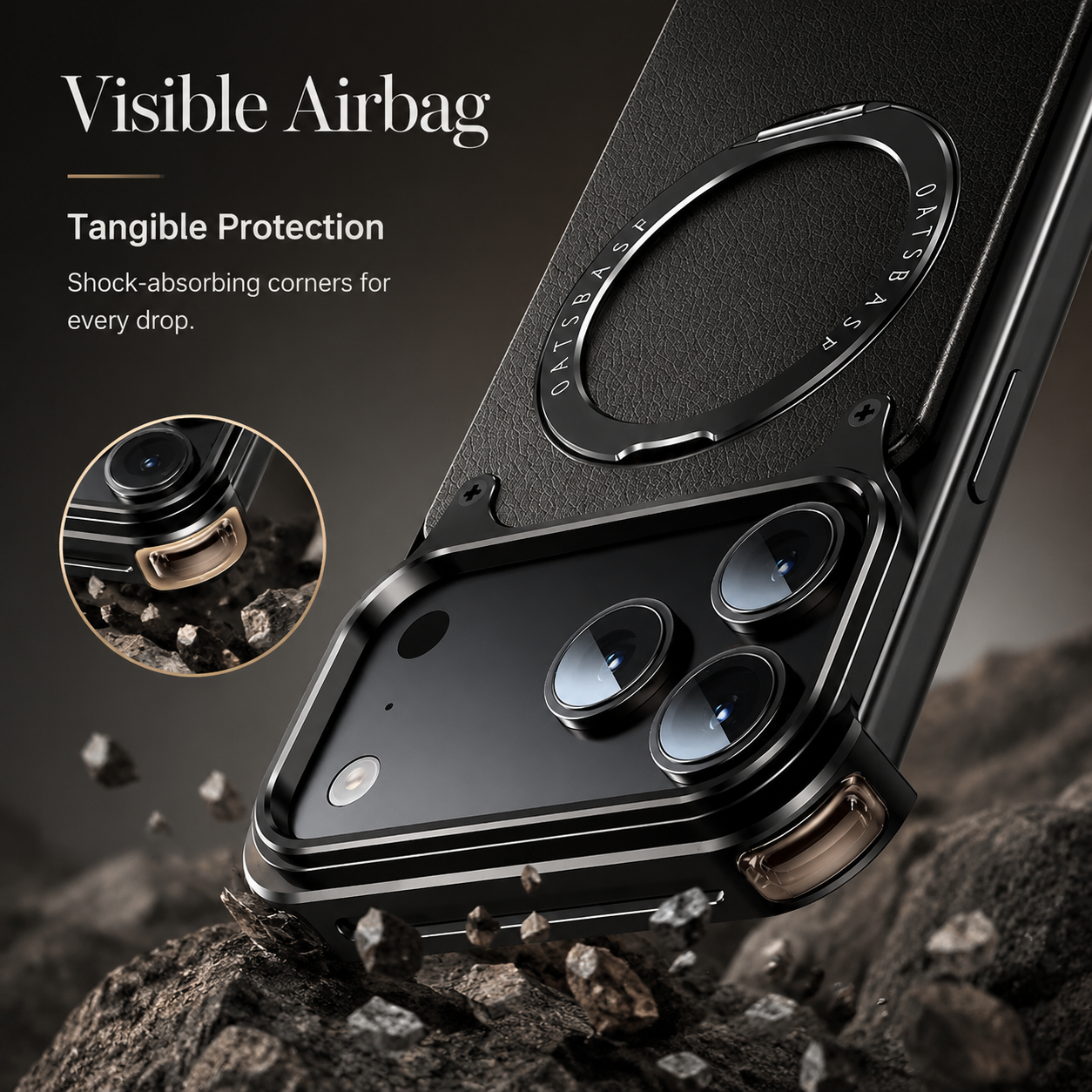 Premium iPhone Case Genuine Leather MagSafe Compatible Protective Cover Rotating Magnetic Stand Ring Shockproof Anti Drop Full Coverage