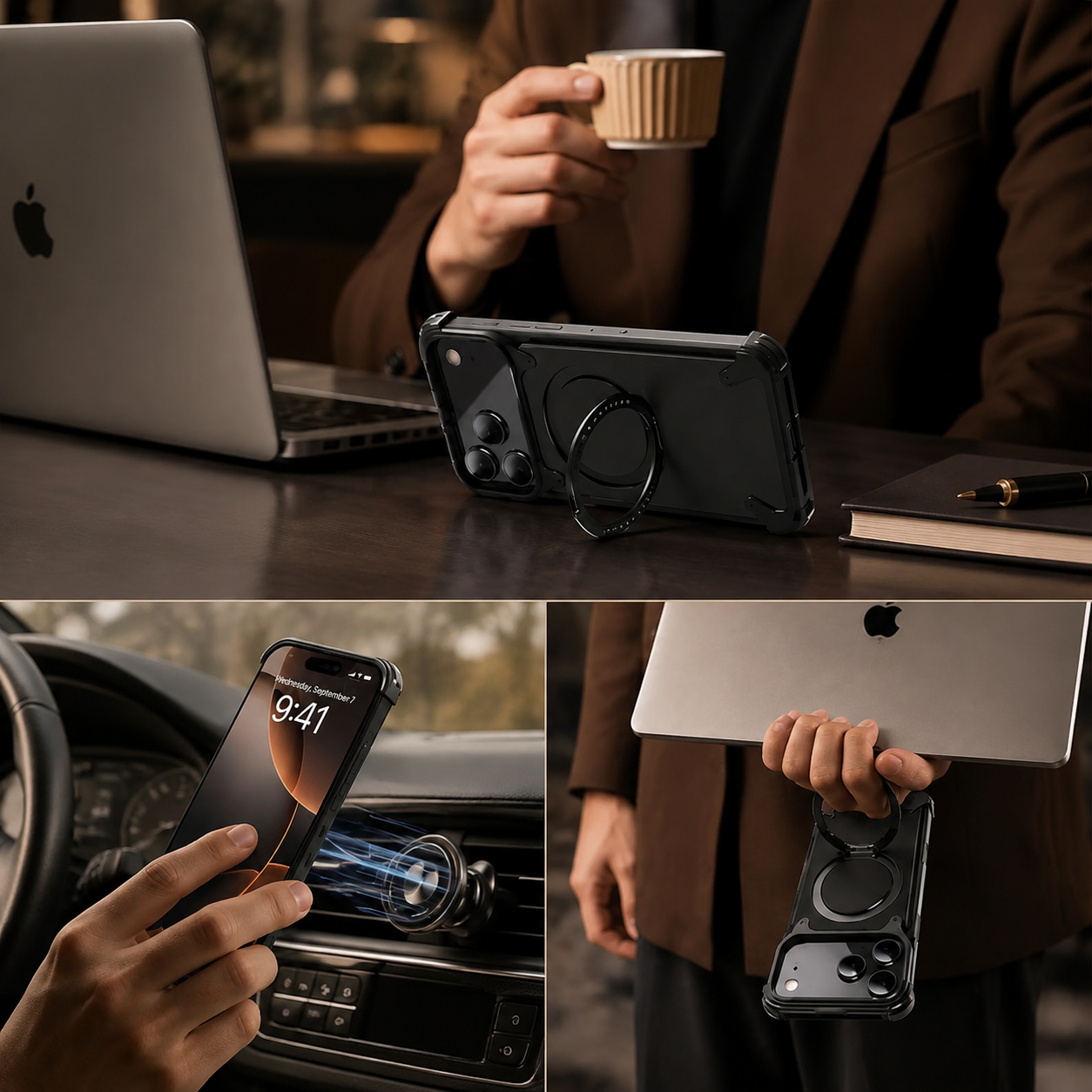 Premium iPhone Case Genuine Leather MagSafe Compatible Protective Cover Rotating Magnetic Stand Ring Shockproof Anti Drop Full Coverage