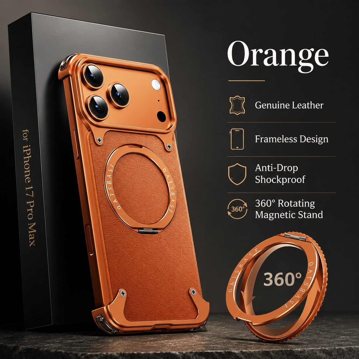 Premium iPhone Case Genuine Leather MagSafe Compatible Protective Cover Rotating Magnetic Stand Ring Shockproof Anti Drop Full Coverage
