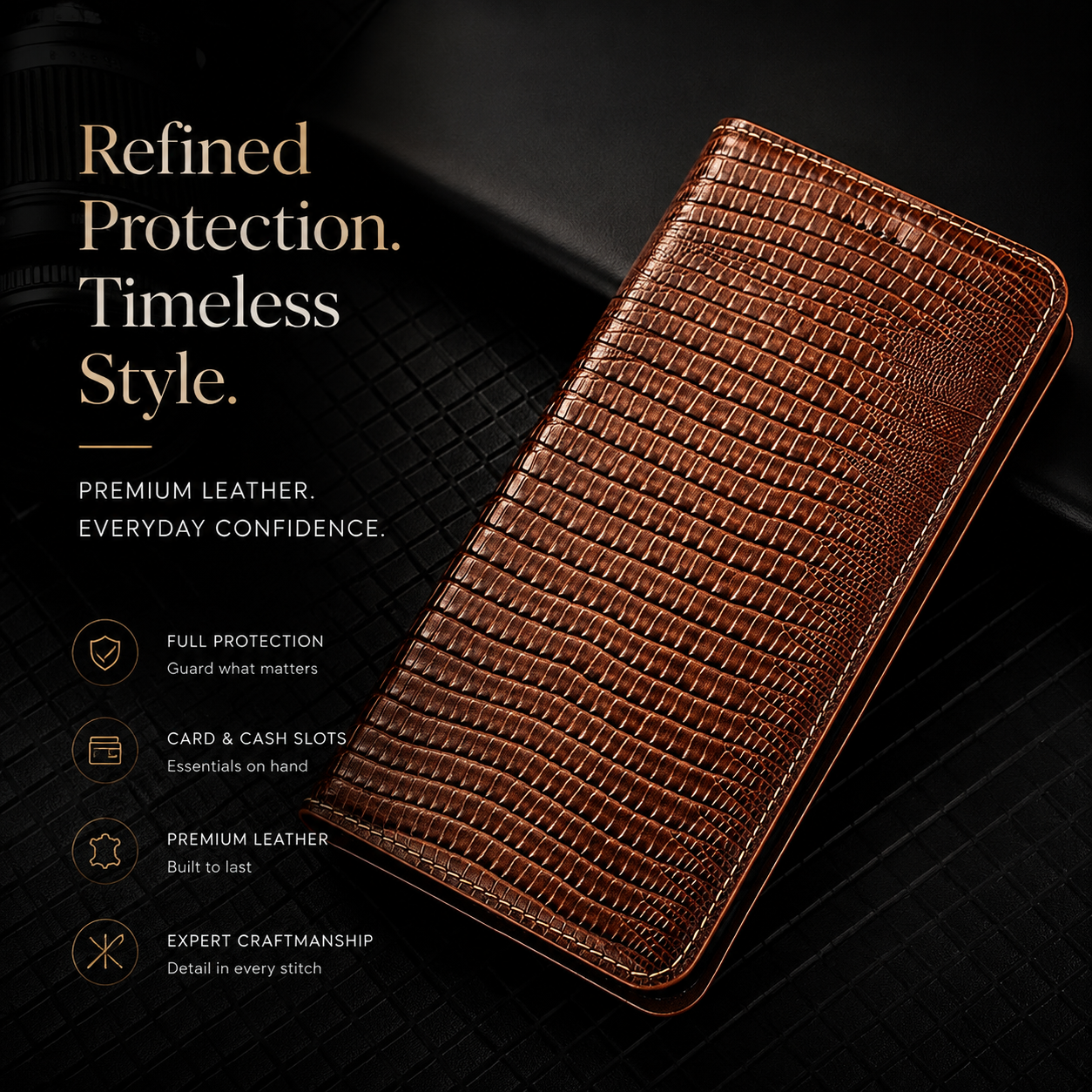 Premium iPhone Case Genuine Lizard Leather Flip Wallet Cover Magnetic Closure Kickstand Card Holder Shockproof Full Body Protection Design