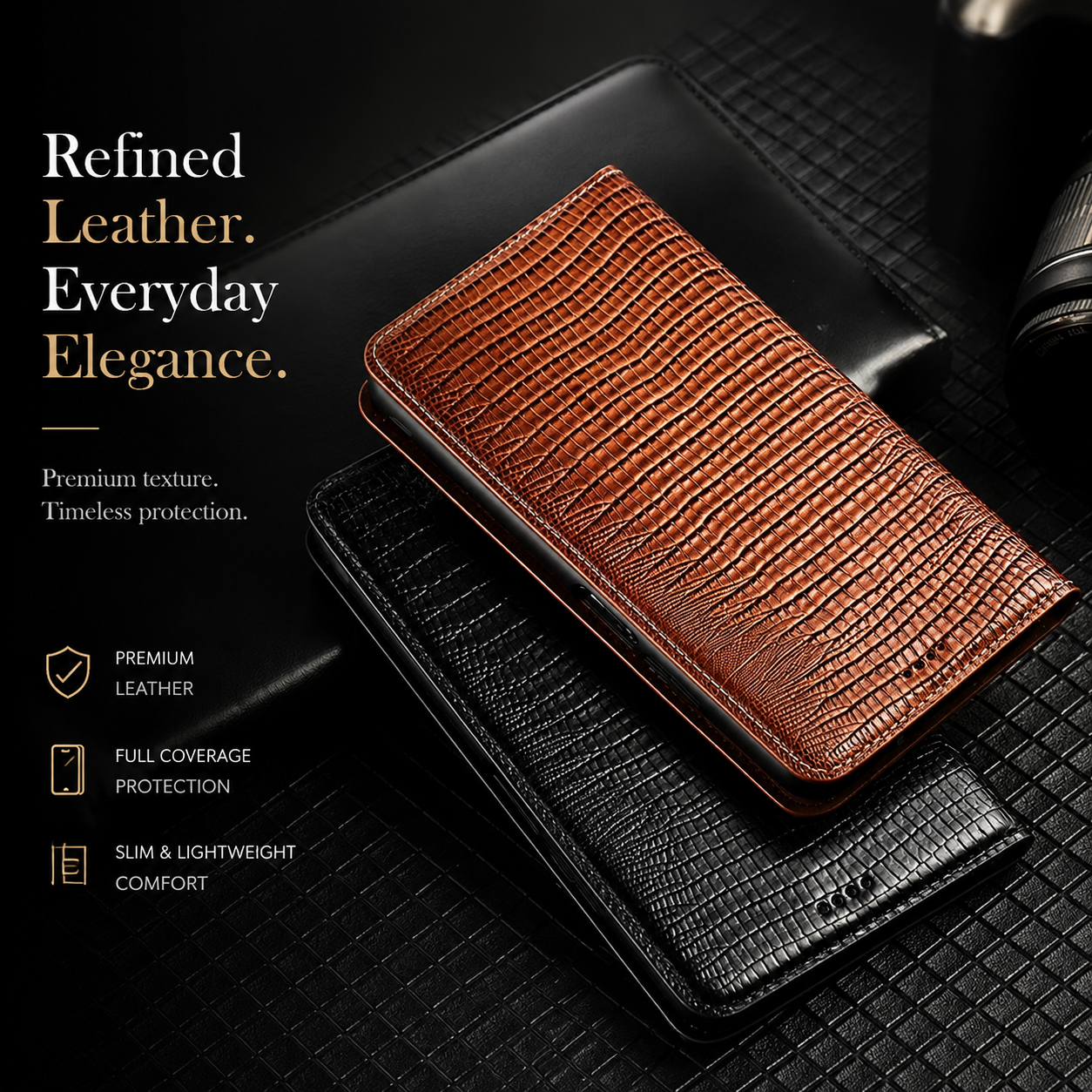 Premium iPhone Case Genuine Lizard Leather Flip Wallet Cover Magnetic Closure Kickstand Card Holder Shockproof Full Body Protection Design