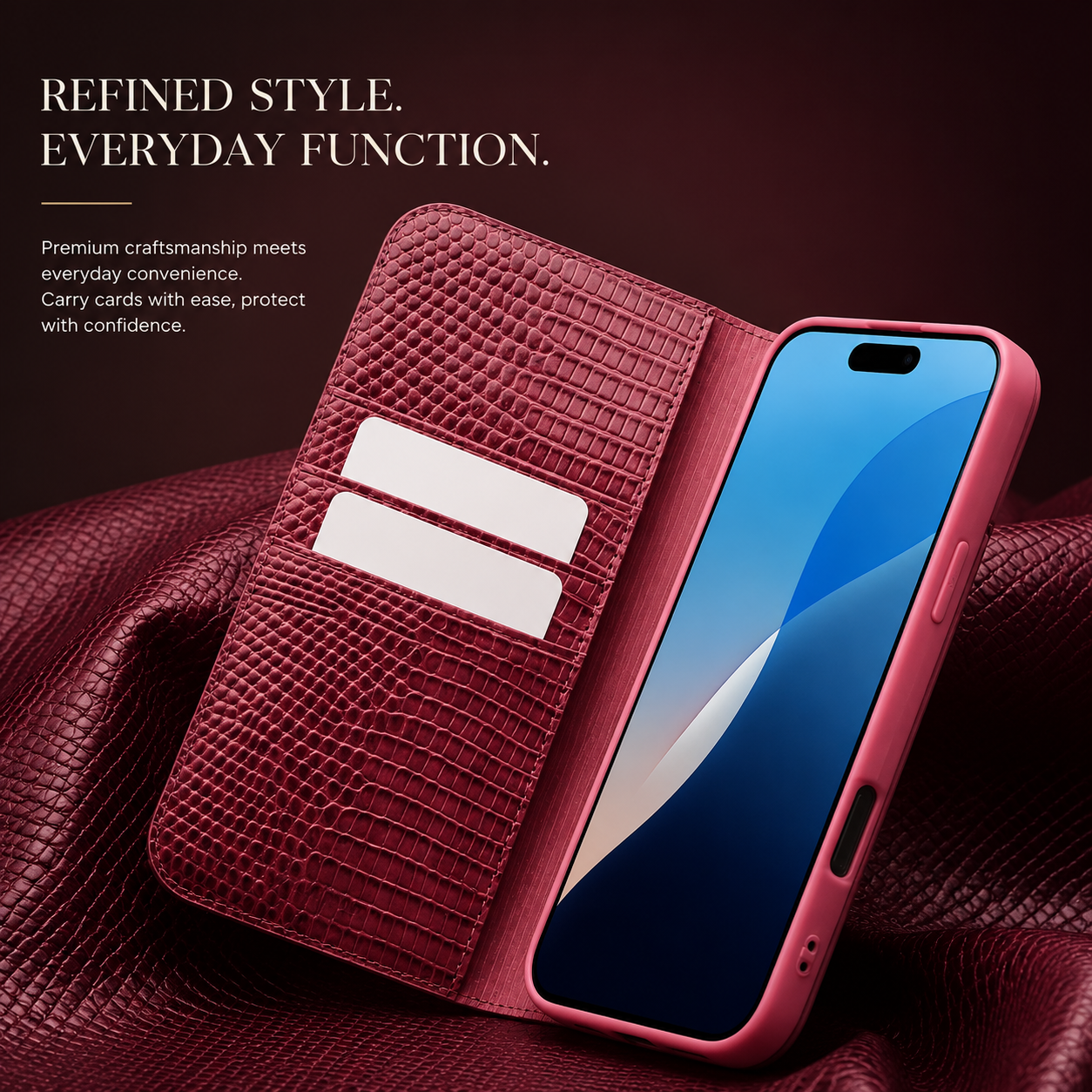 Premium iPhone Case Genuine Lizard Leather Flip Wallet Cover Magnetic Closure Kickstand Card Holder Shockproof Full Body Protection Design