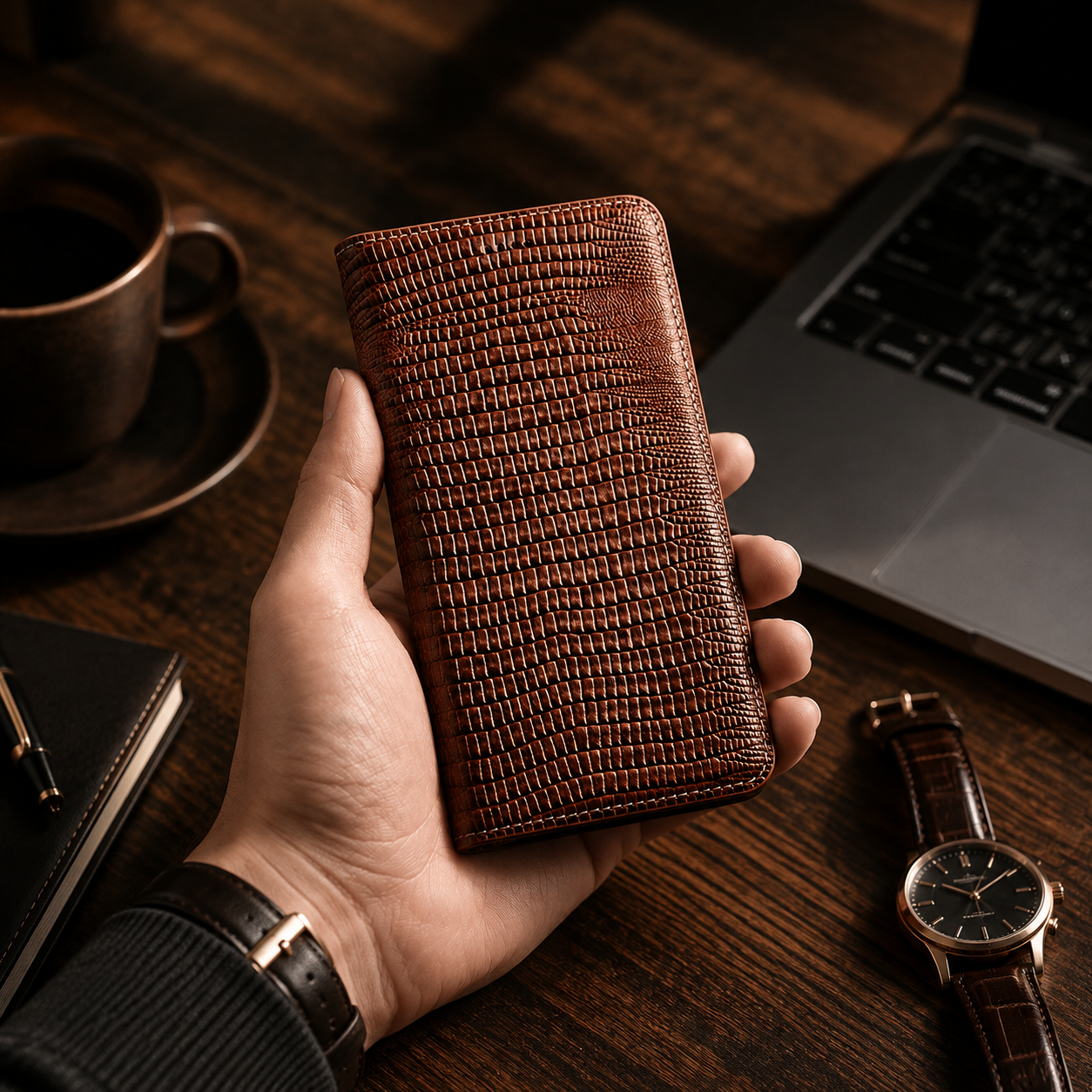 Premium iPhone Case Genuine Lizard Leather Flip Wallet Cover Magnetic Closure Kickstand Card Holder Shockproof Full Body Protection Design