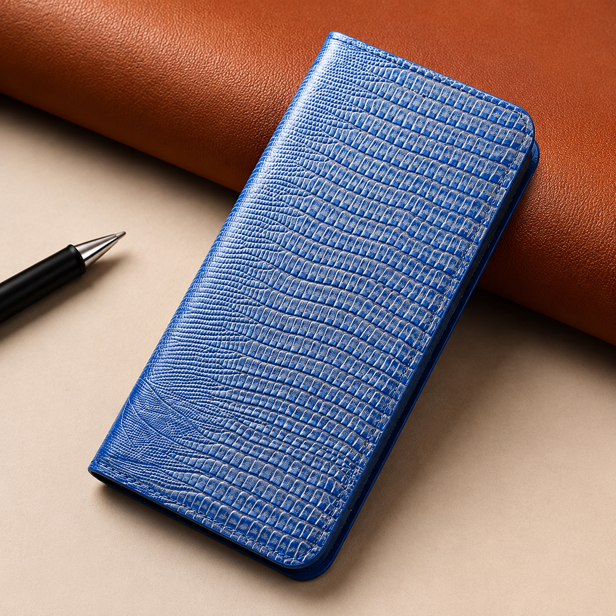 Premium iPhone Case Genuine Lizard Leather Flip Wallet Cover Magnetic Closure Kickstand Card Holder Shockproof Full Body Protection Design