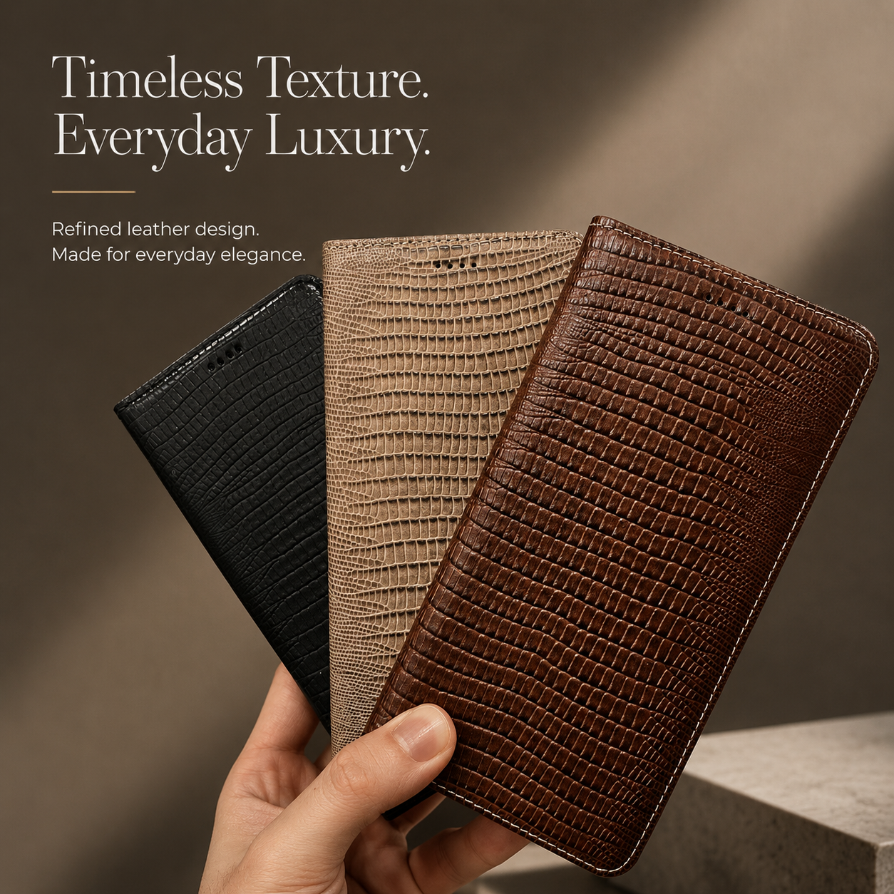 Premium iPhone Case Genuine Lizard Leather Flip Wallet Cover Magnetic Closure Kickstand Card Holder Shockproof Full Body Protection Design