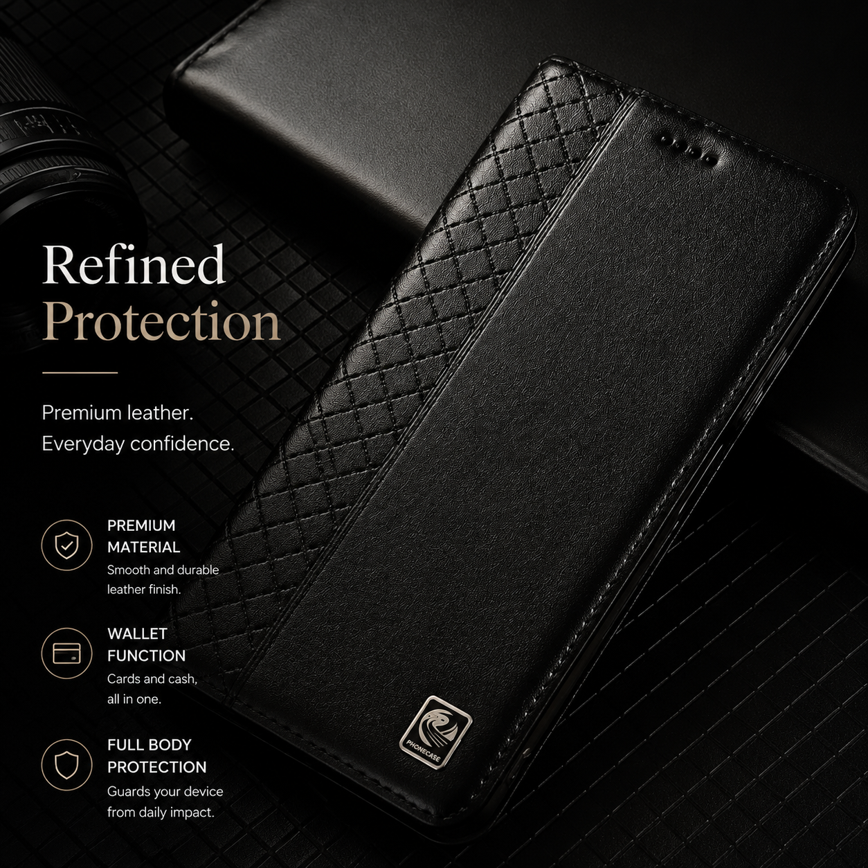 Premium iPhone Case Genuine Nappa Leather Wallet Flip Cover Card Holder Magnetic Closure Stand Function Shockproof Protective Business Design