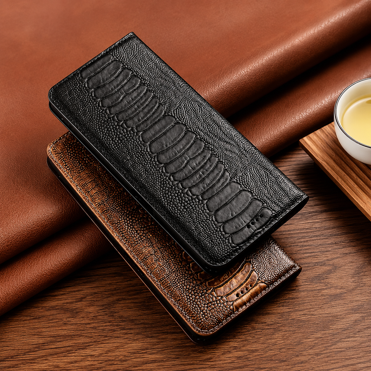 Premium iPhone Case Genuine Ostrich Leather Wallet Cover Camera Lens Protection Magnetic Card Holder Kickstand Anti Scratch Full Coverage