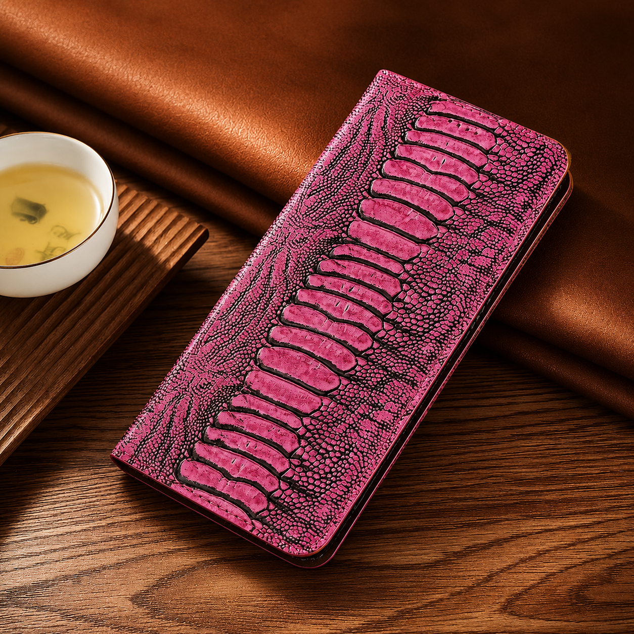 Premium iPhone Case Genuine Ostrich Leather Wallet Cover Camera Lens Protection Magnetic Card Holder Kickstand Anti Scratch Full Coverage