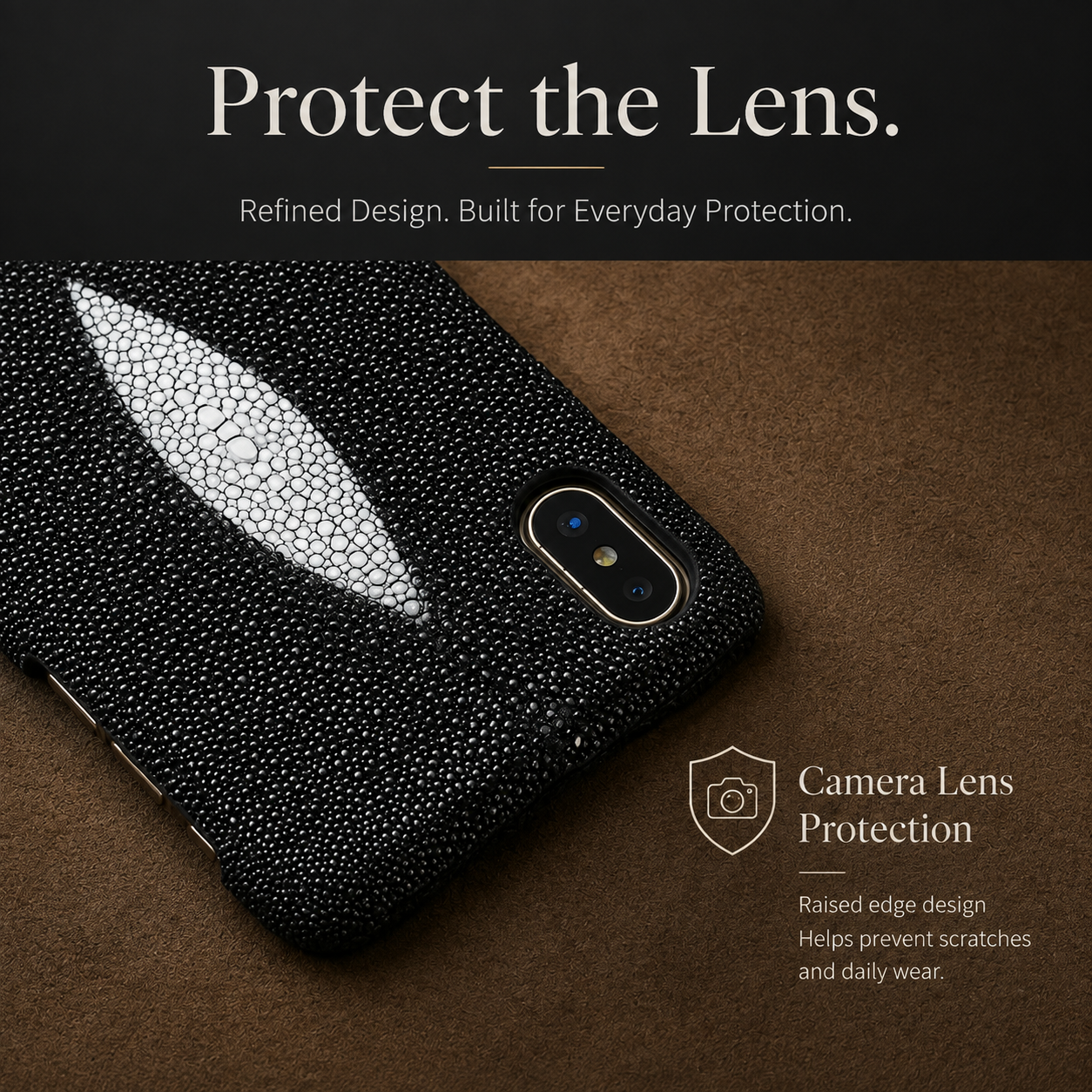 Premium iPhone Case Genuine Stingray Leather Shockproof Cover Camera Lens Protection Anti Fingerprint Dustproof Lightweight Half Wrapped Protective Design