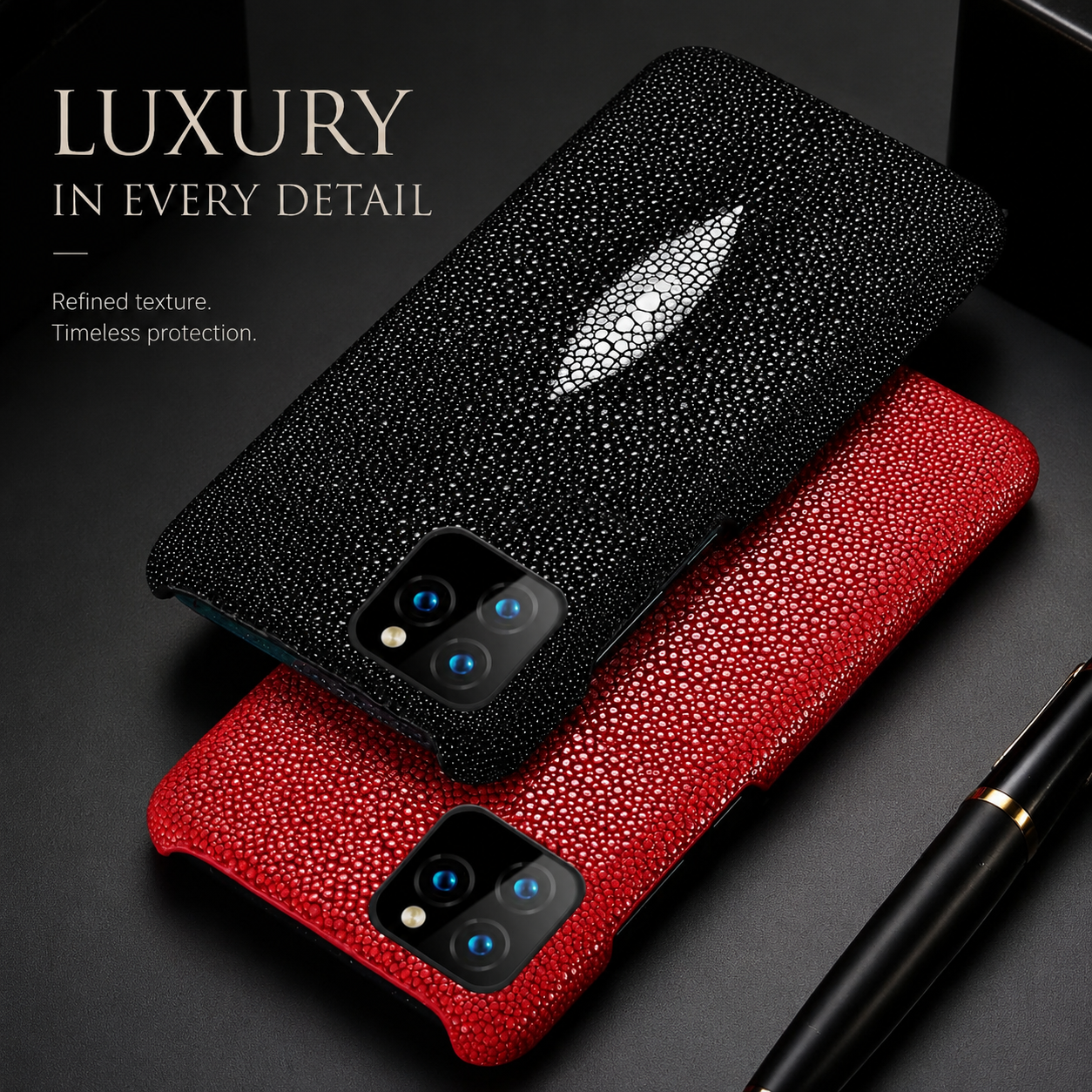 Premium iPhone Case Genuine Stingray Leather Shockproof Cover Camera Lens Protection Anti Fingerprint Dustproof Lightweight Half Wrapped Protective Design