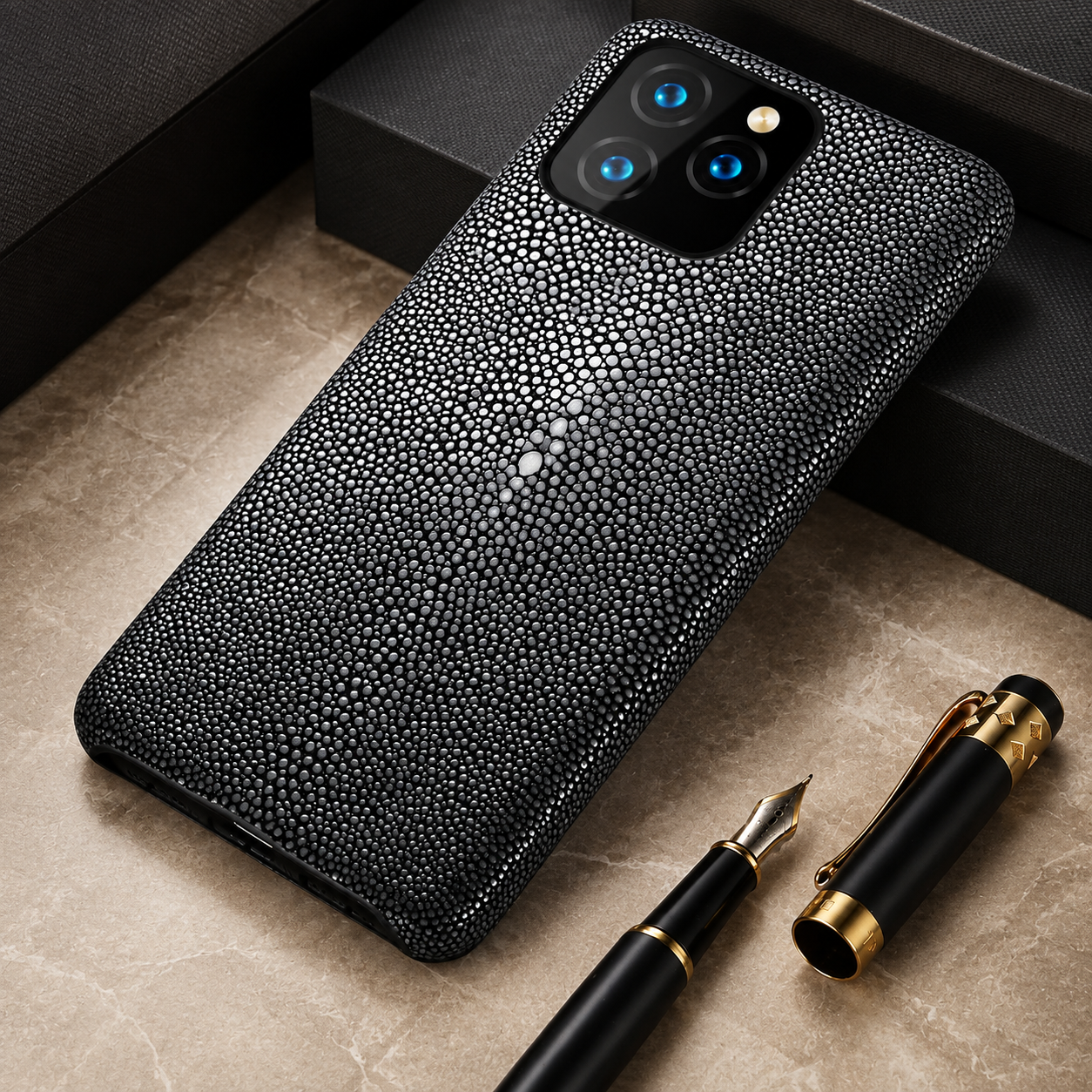 Premium iPhone Case Genuine Stingray Leather Shockproof Cover Camera Lens Protection Anti Fingerprint Dustproof Lightweight Half Wrapped Protective Design