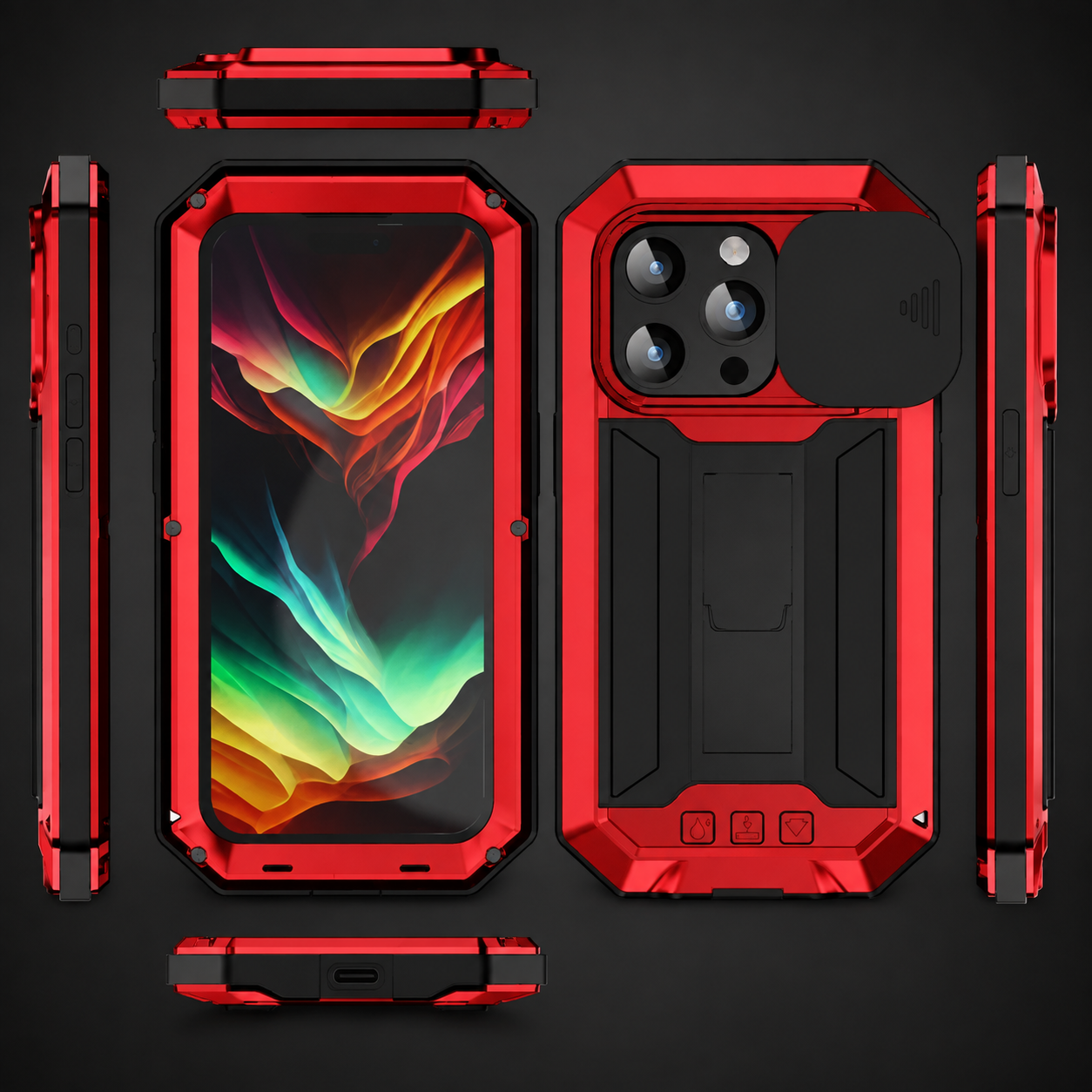 Premium iPhone Case Heavy Duty Aluminum Metal Full Body Protective Cover Tempered Glass Screen Protector Camera Lens Slider Shockproof Kickstand Wireless Charging Compatible