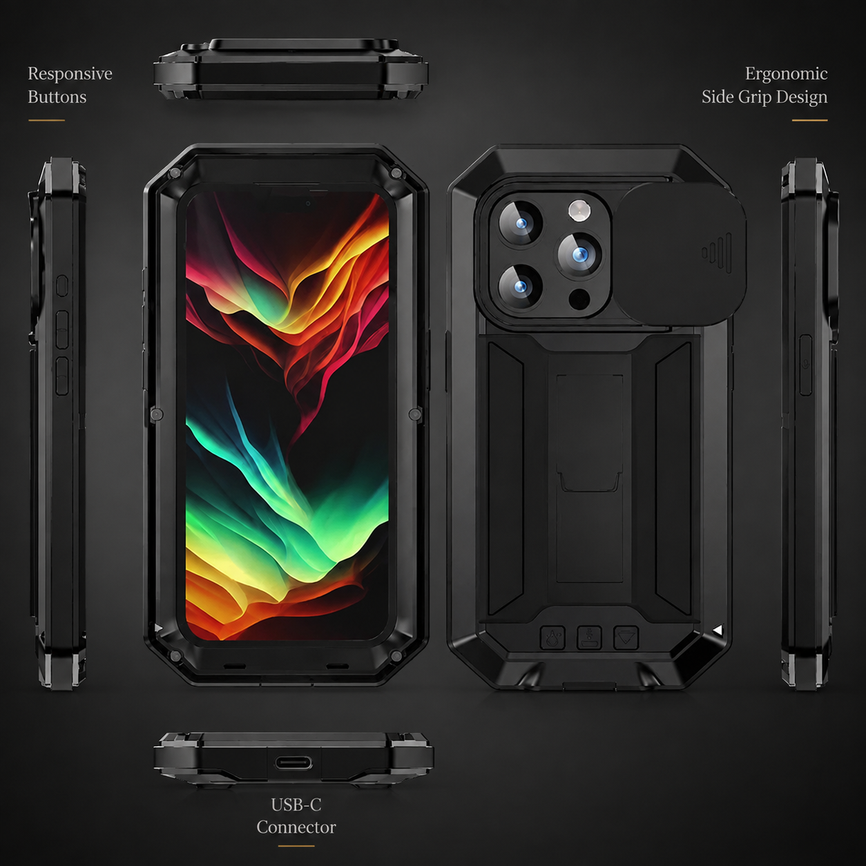 Premium iPhone Case Heavy Duty Aluminum Metal Full Body Protective Cover Tempered Glass Screen Protector Camera Lens Slider Shockproof Kickstand Wireless Charging Compatible