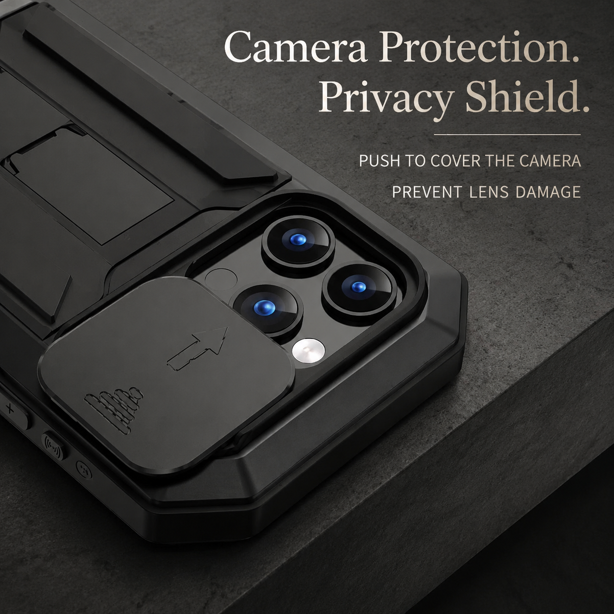 Premium iPhone Case Heavy Duty Aluminum Metal Full Body Protective Cover Tempered Glass Screen Protector Camera Lens Slider Shockproof Kickstand Wireless Charging Compatible