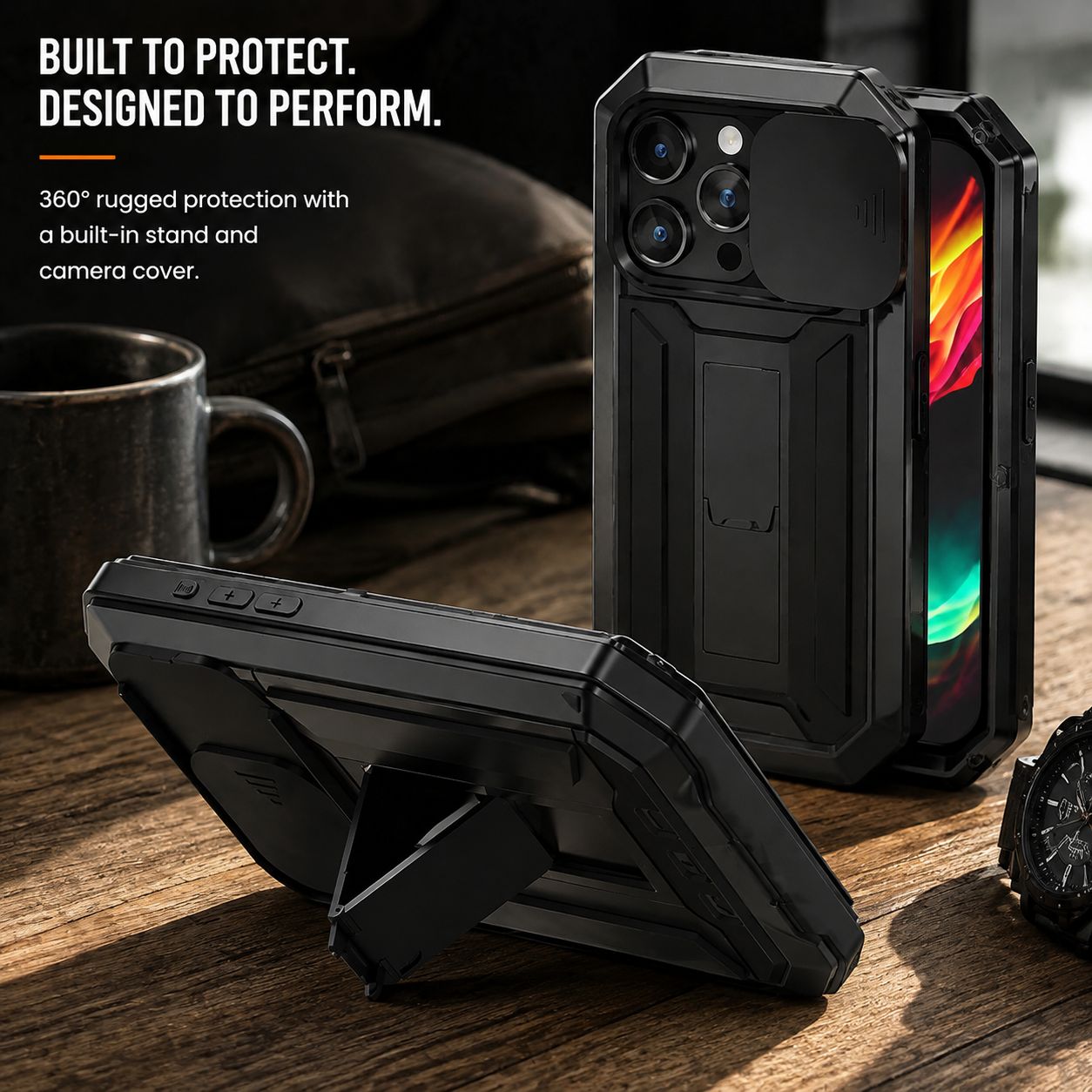 Premium iPhone Case Heavy Duty Aluminum Metal Full Body Protective Cover Tempered Glass Screen Protector Camera Lens Slider Shockproof Kickstand Wireless Charging Compatible
