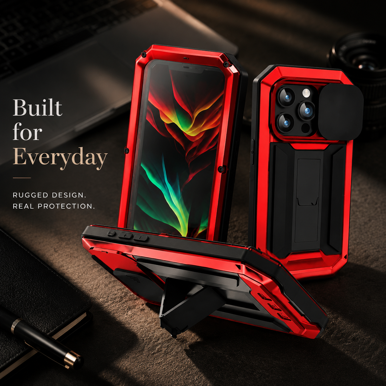 Premium iPhone Case Heavy Duty Aluminum Metal Full Body Protective Cover Tempered Glass Screen Protector Camera Lens Slider Shockproof Kickstand Wireless Charging Compatible