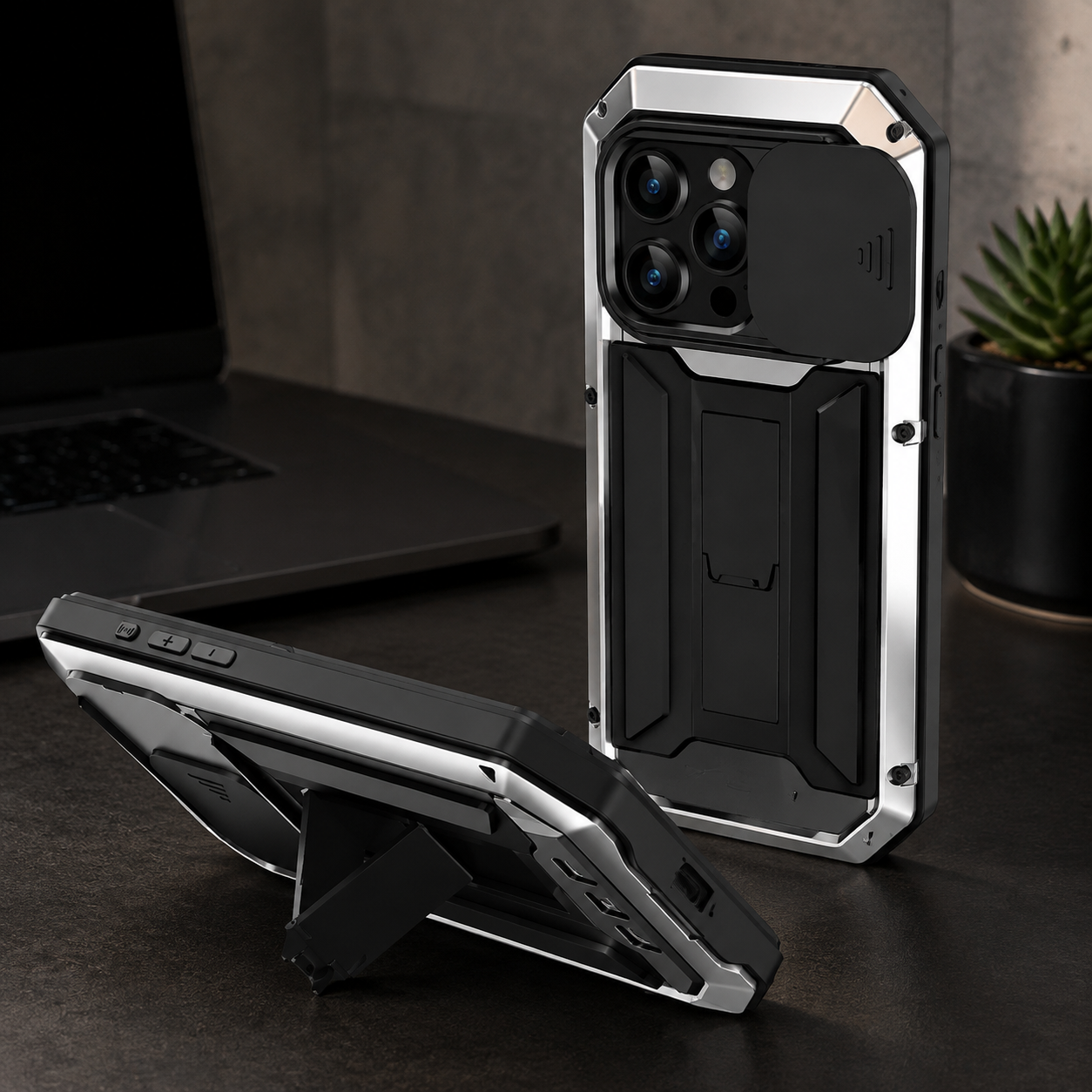 Premium iPhone Case Heavy Duty Aluminum Metal Full Body Protective Cover Tempered Glass Screen Protector Camera Lens Slider Shockproof Kickstand Wireless Charging Compatible