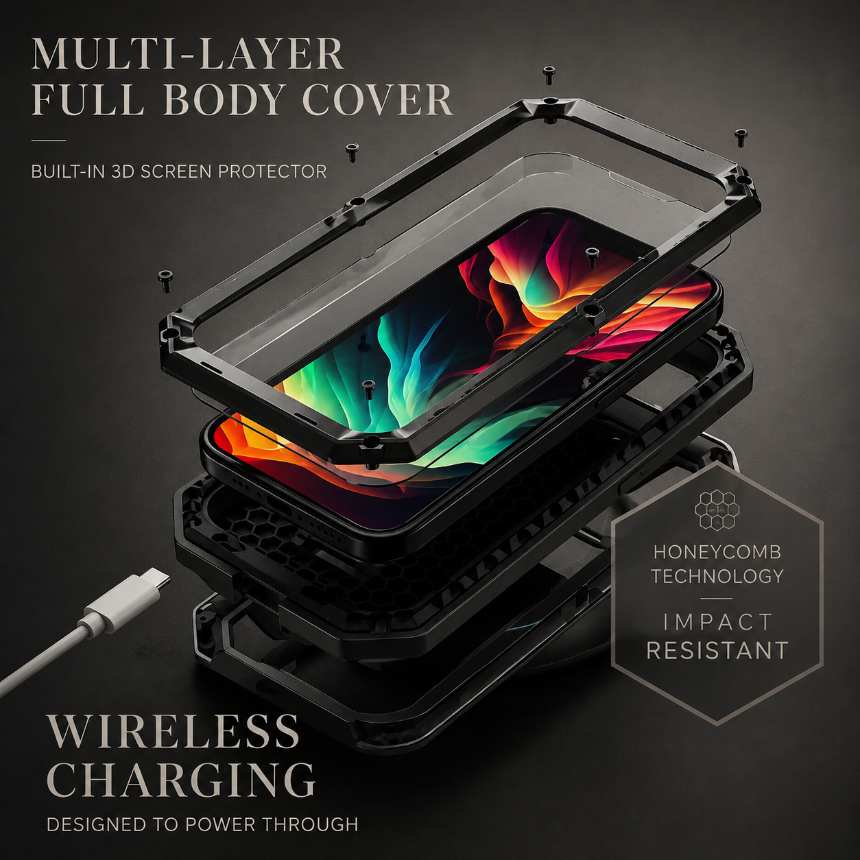 Premium iPhone Case Heavy Duty Aluminum Metal Full Body Protective Cover Tempered Glass Screen Protector Camera Lens Slider Shockproof Kickstand Wireless Charging Compatible