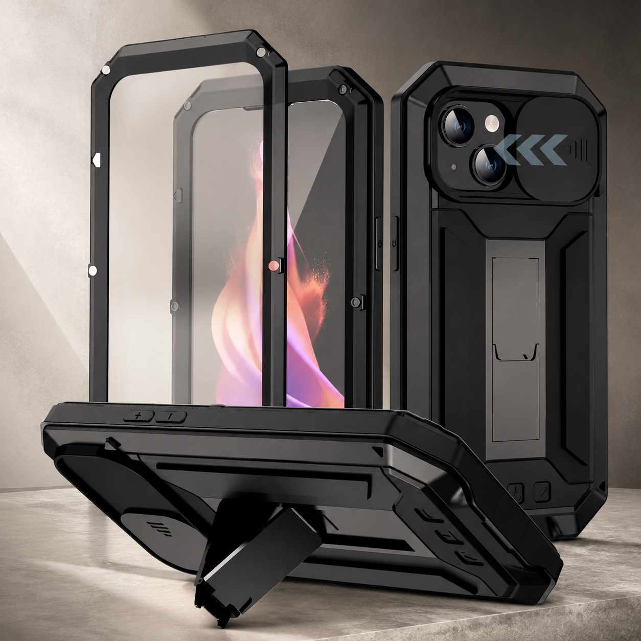 Premium iPhone Case Heavy Duty Aluminum Metal Full Body Protective Cover Tempered Glass Screen Protector Camera Lens Slider Shockproof Kickstand Wireless Charging Compatible