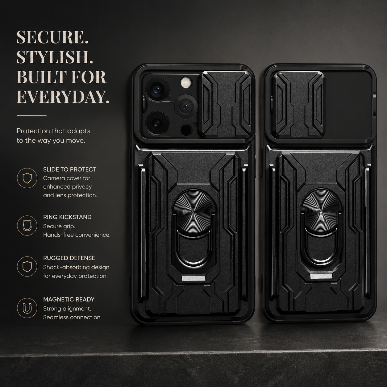 Premium iPhone Case Heavy Duty Armor Protective Cover Dual Layer Shockproof Card Holder 360° Ring Stand Magnetic Mount Compatible Full Coverage
