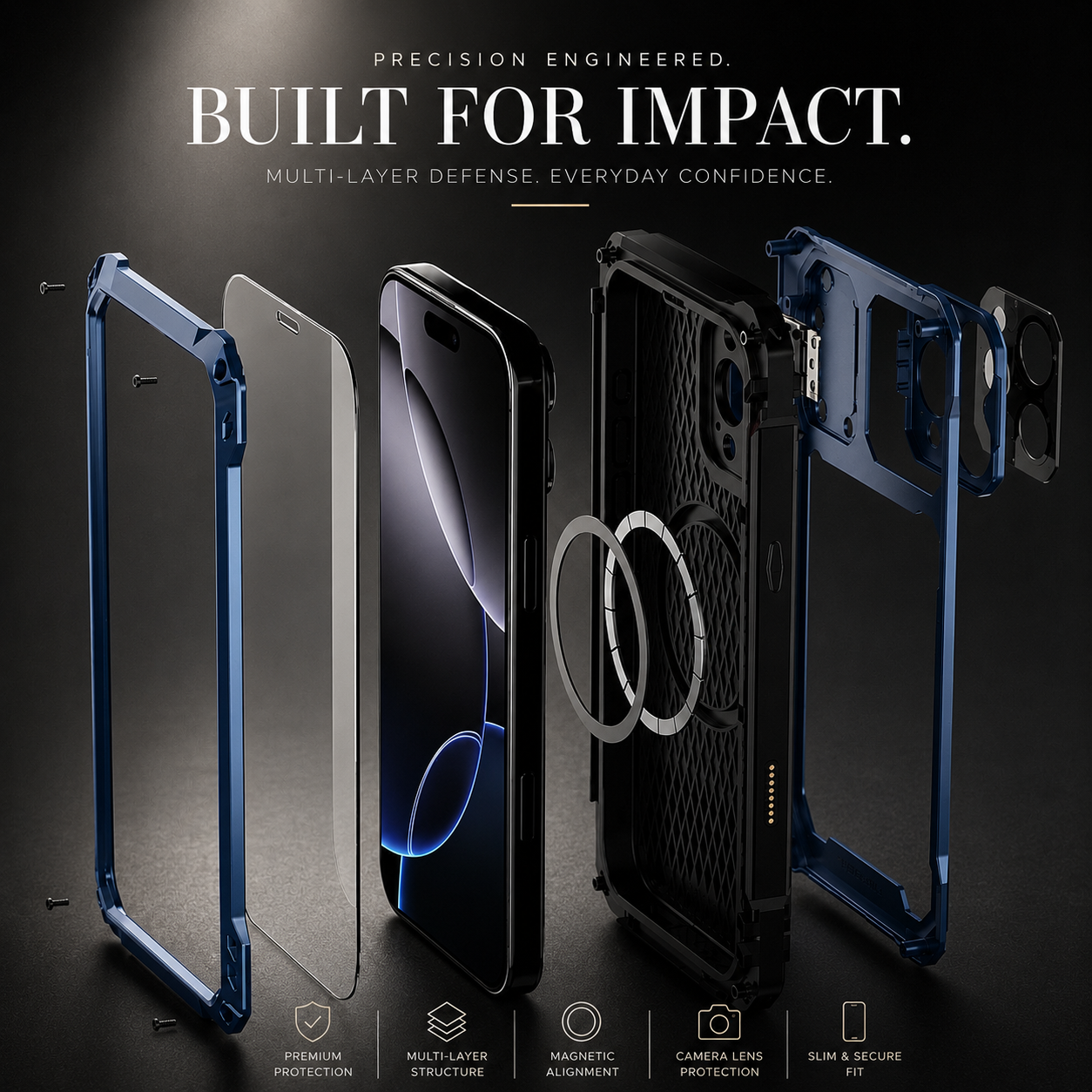 Premium iPhone Case Heavy Duty Metal MagSafe Compatible Protective Cover Military Grade Shockproof Aluminum Bumper Camera Guard Kickstand Anti Scratch Full Coverage