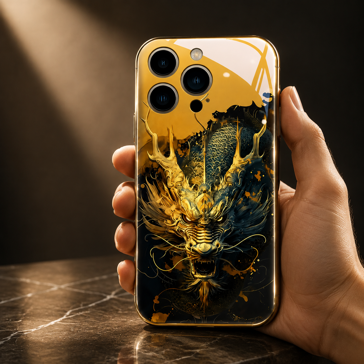Premium iPhone Case LED Flash Sound Reactive Golden Dragon Luminous Glass Cover Shockproof Ultra Thin Full Body Protection Design