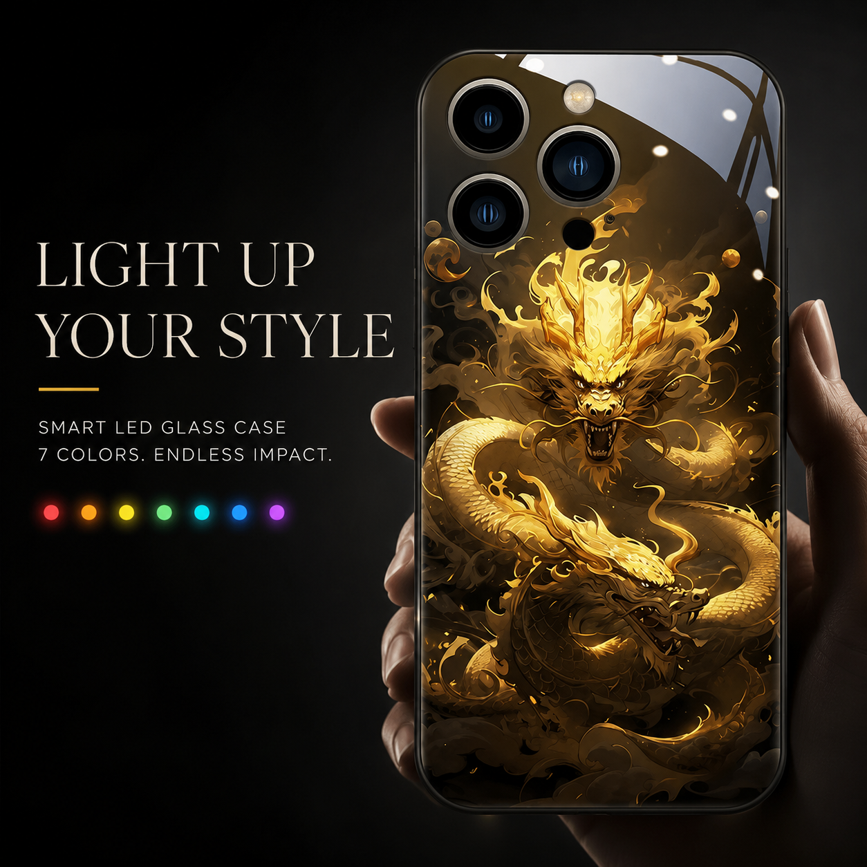 Premium iPhone Case LED Flash Sound Reactive Golden Dragon Luminous Glass Cover Shockproof Ultra Thin Full Body Protection Design