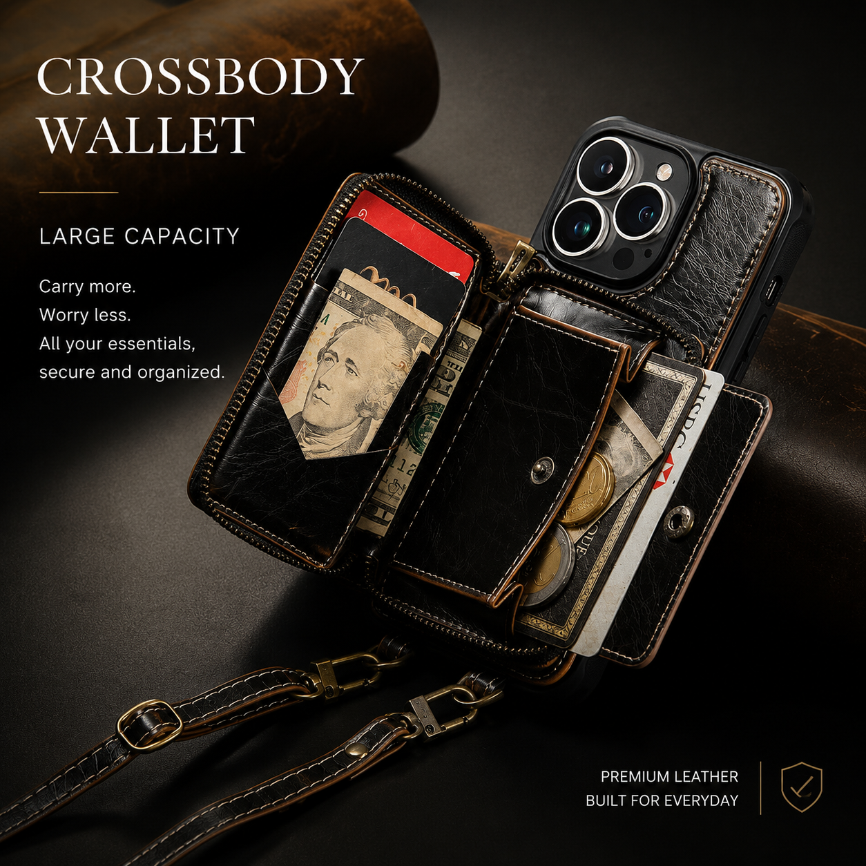 Premium iPhone Case Leather Crossbody Wallet Cover Card Holder Stand Function Lanyard Strap Shockproof Protective Magnetic Closure Full Coverage Design